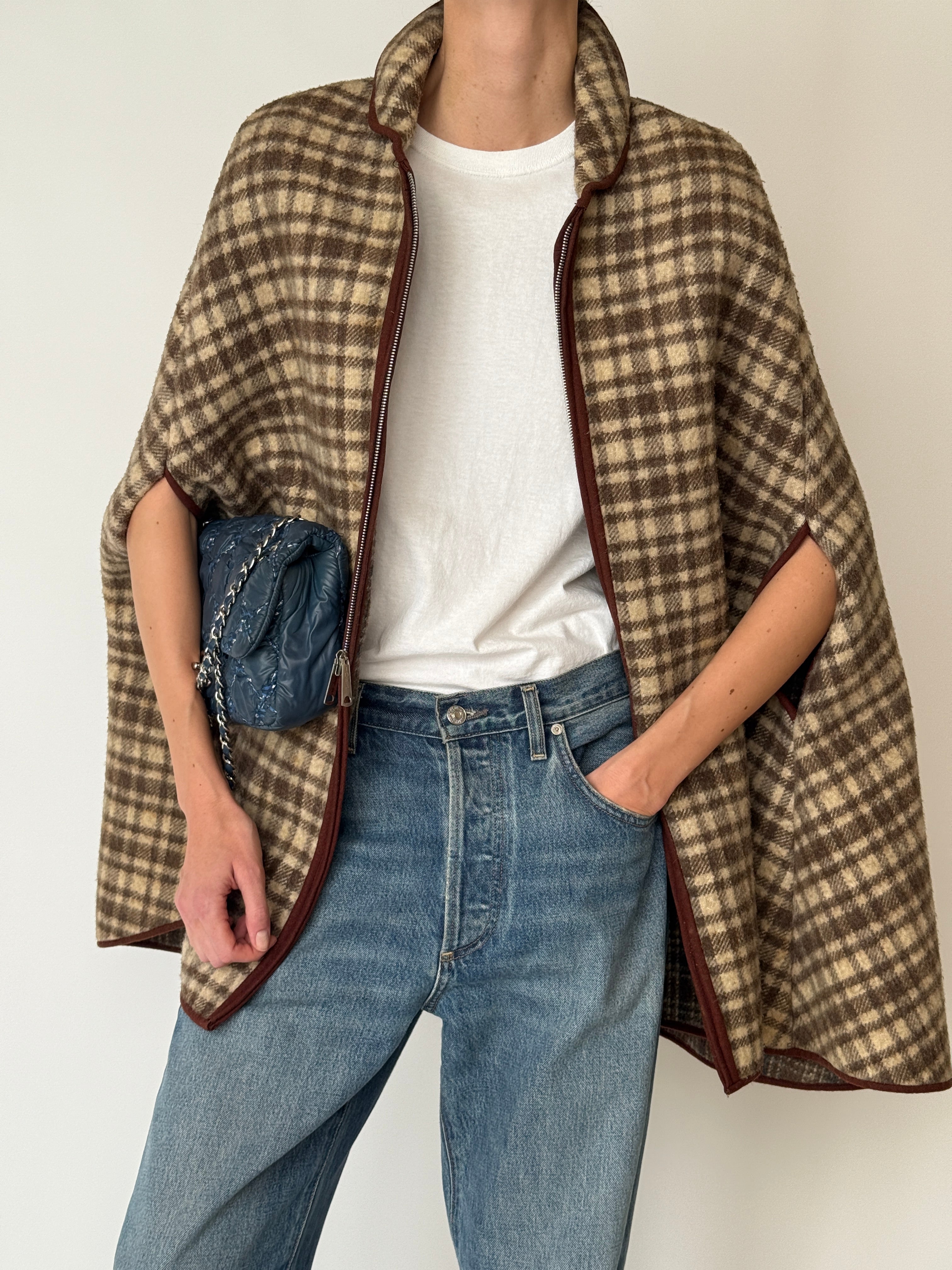Vintage plaid cape jacket arm slit detail brown