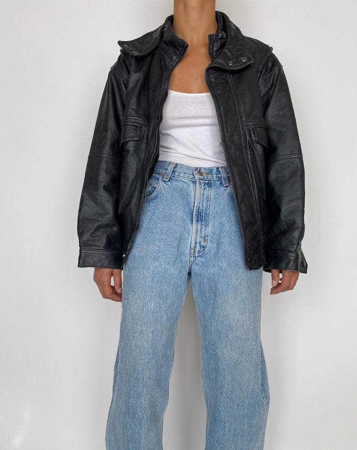 VINTAGE OVERSIZED BOXY BLACK LEATHER JACKET 2856