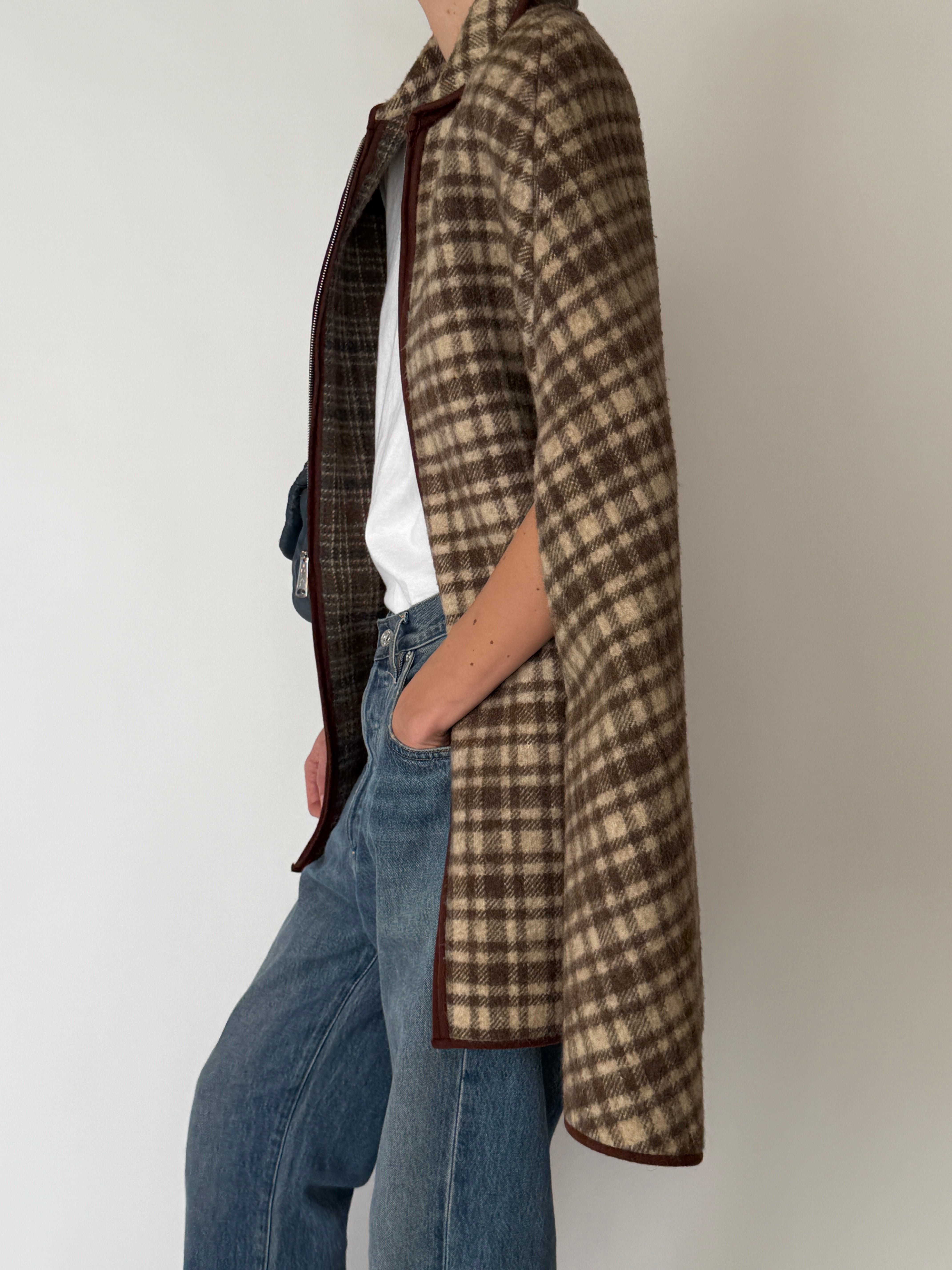 Vintage plaid cape jacket side view brown