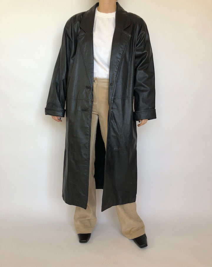VINTAGE LONG BLACK LEATHER COAT 354