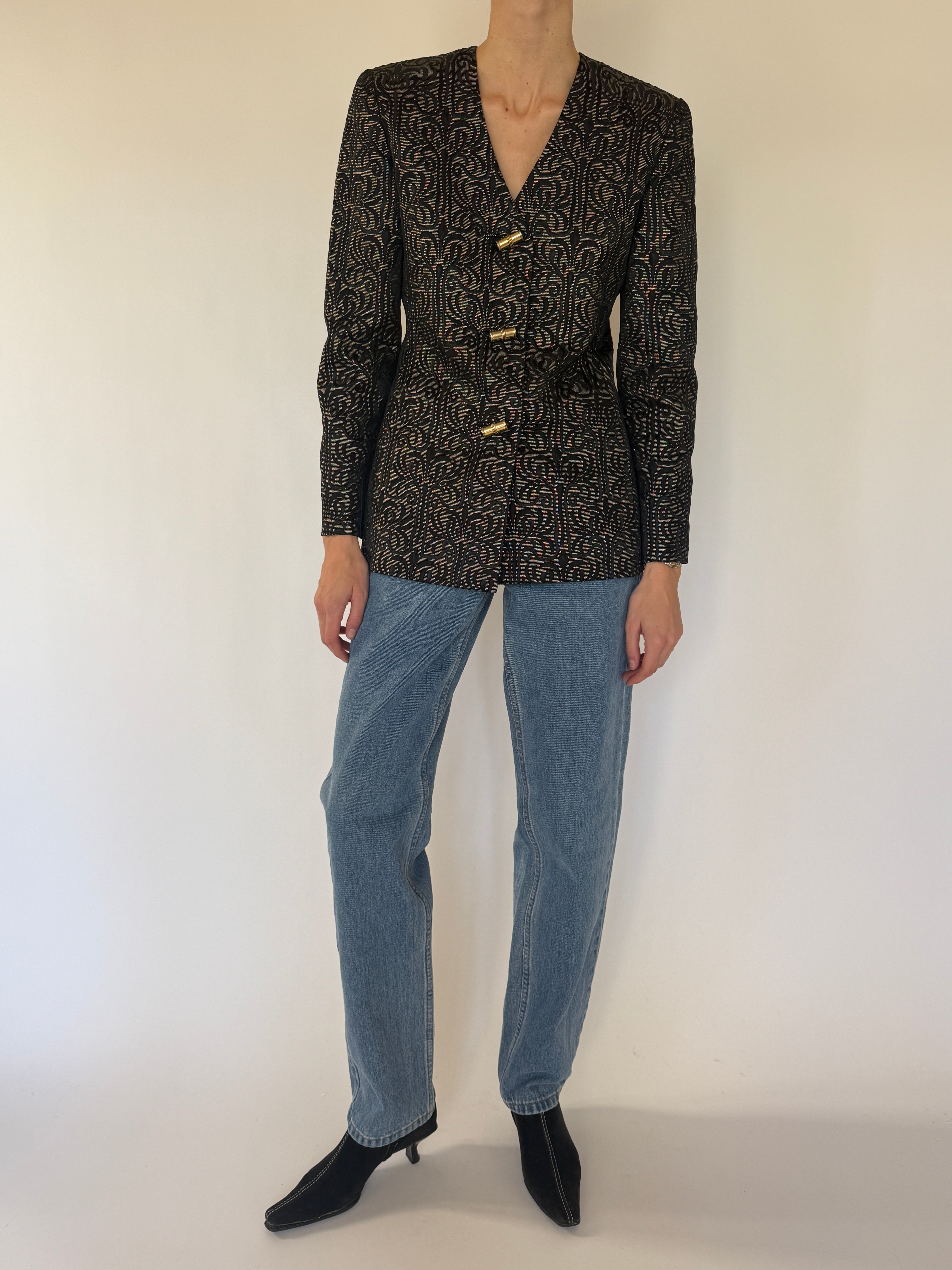 Vintage metallic jacquard blazer black gold full length view