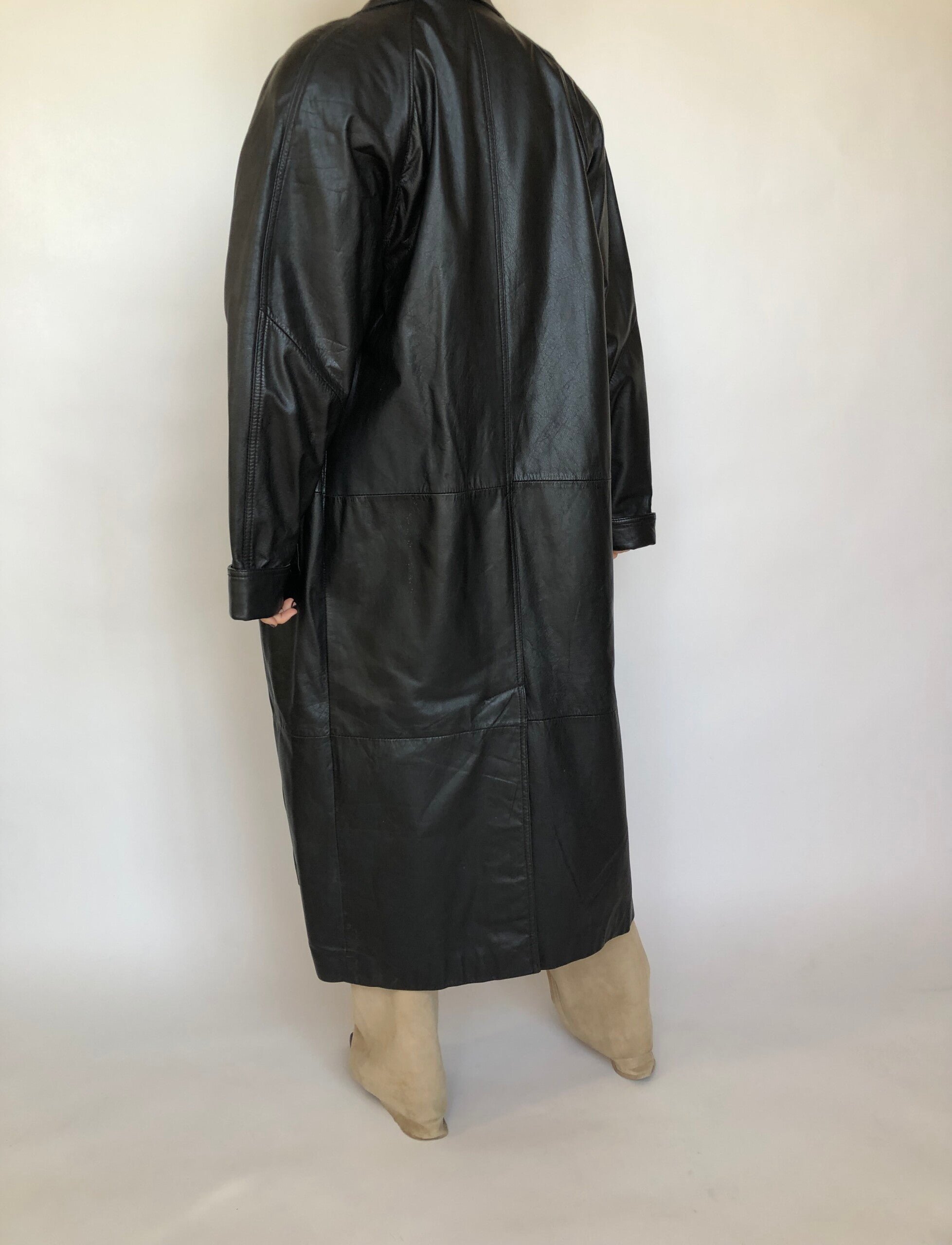 VINTAGE LONG BLACK LEATHER COAT 354