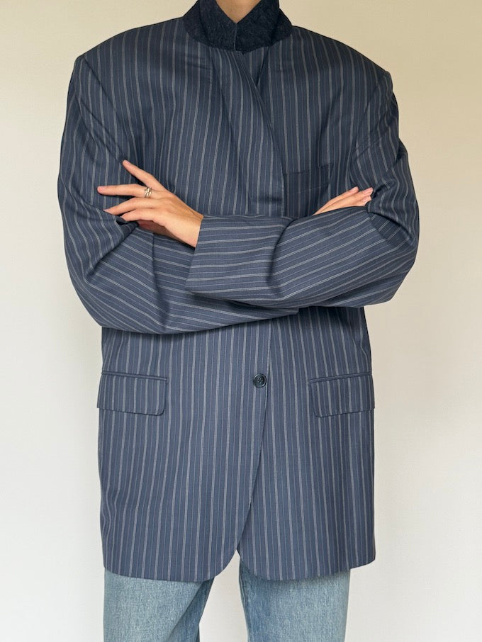 Vintage Striped Virgin Wool Blazer Navy 5962