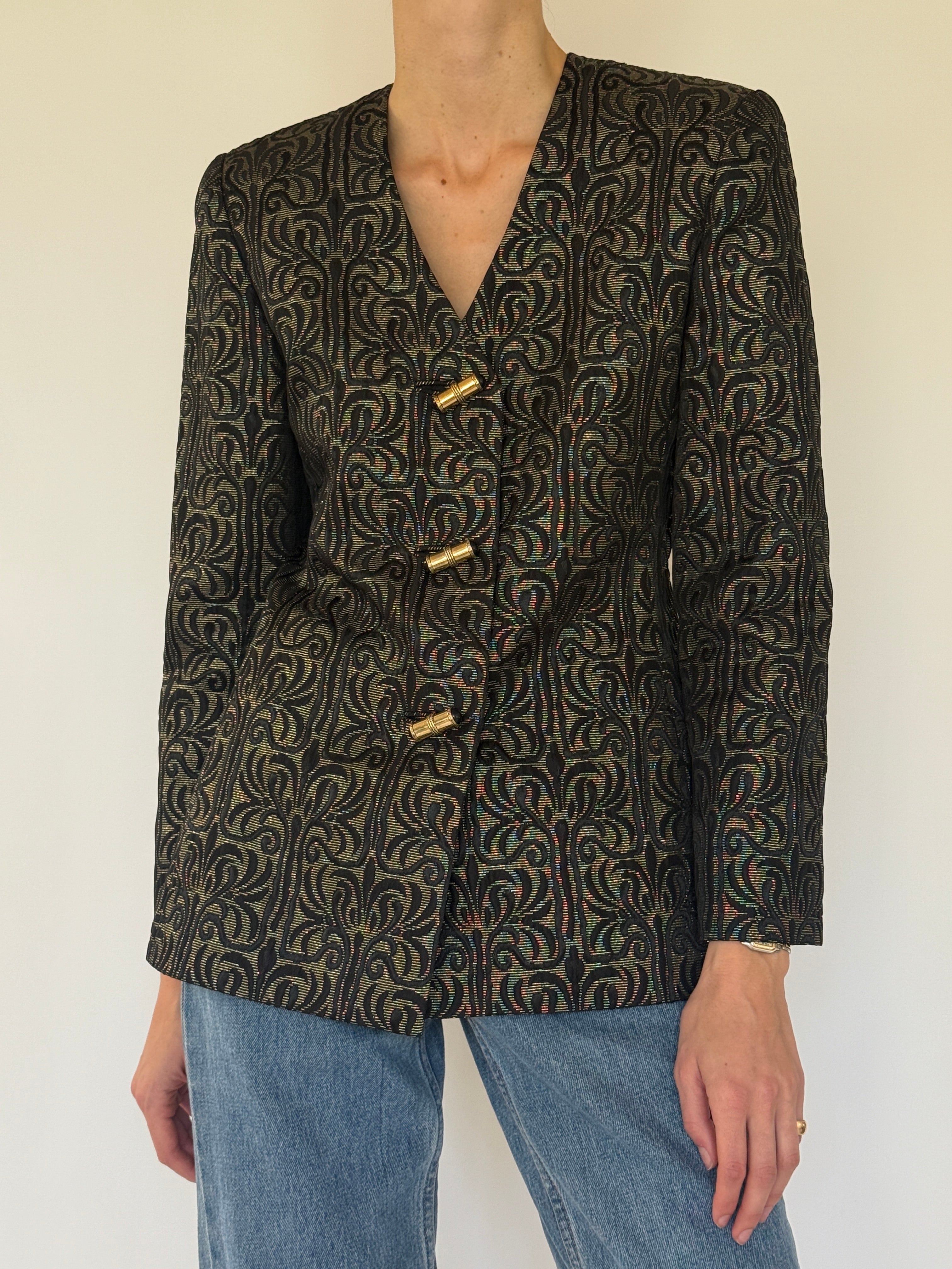Vintage black and gold metallic jacquard blazer front view
