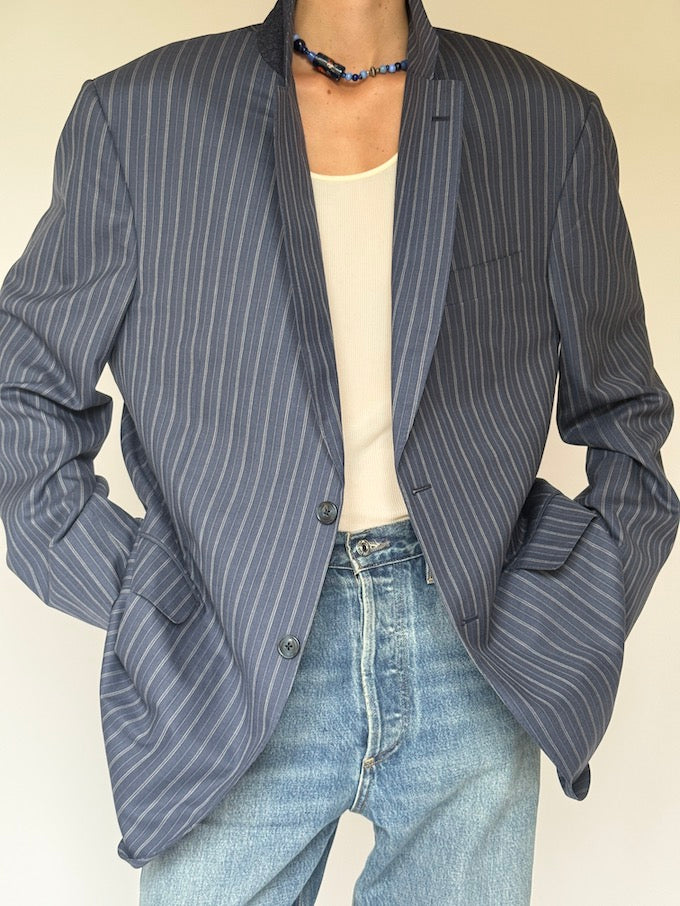Vintage Striped Virgin Wool Blazer Navy 5962