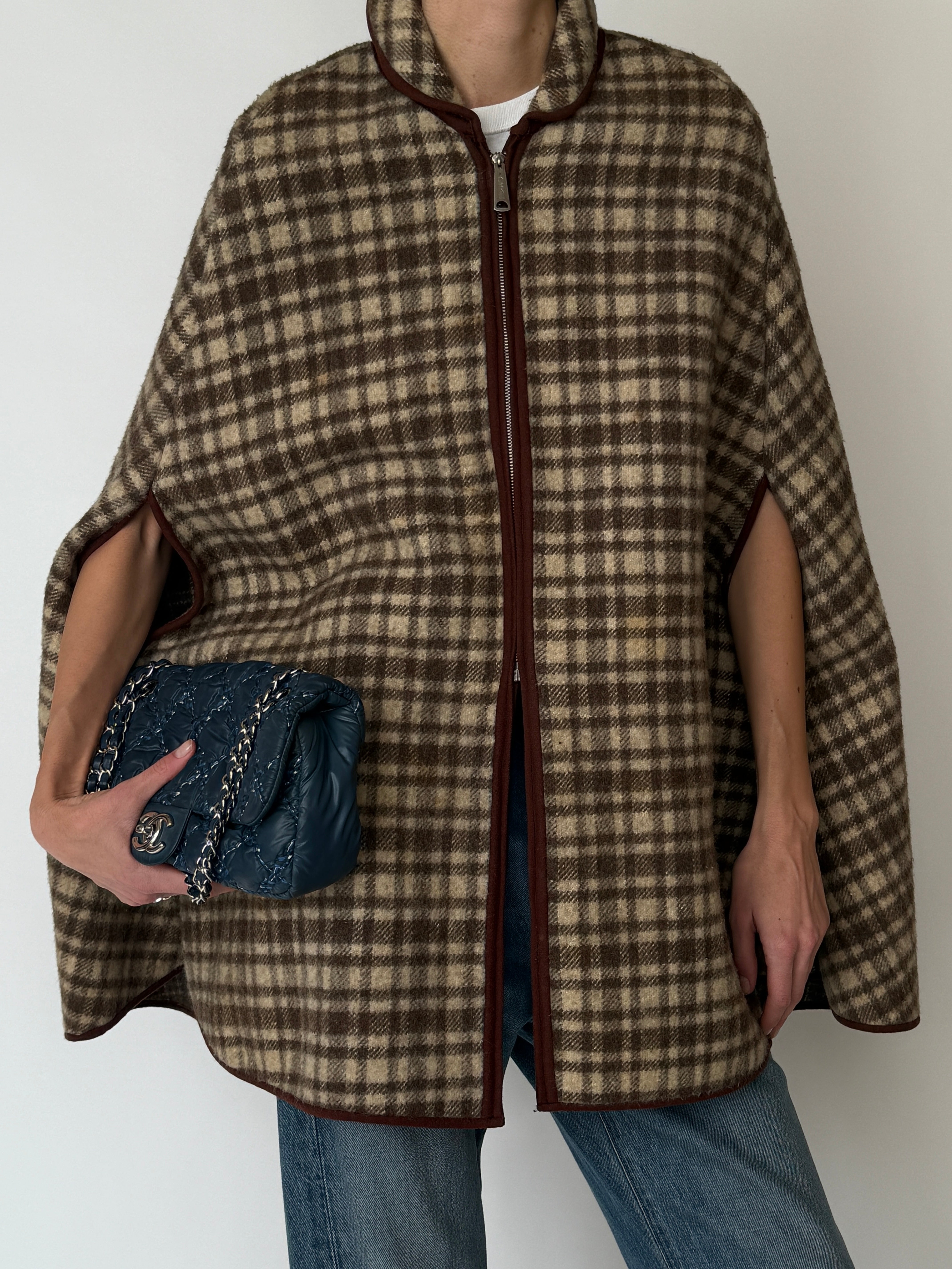Vintage plaid cape jacket front view brown
