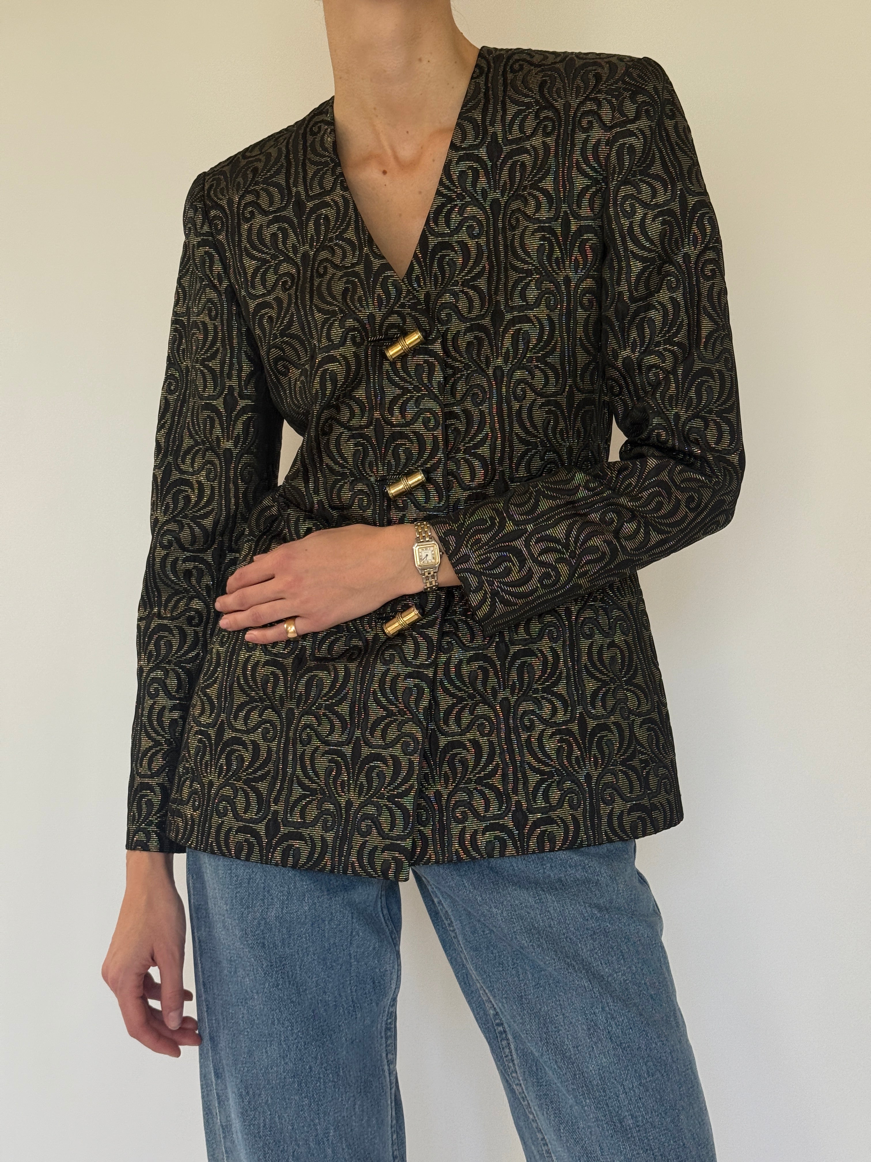 Vintage black and gold metallic jacquard blazer front view