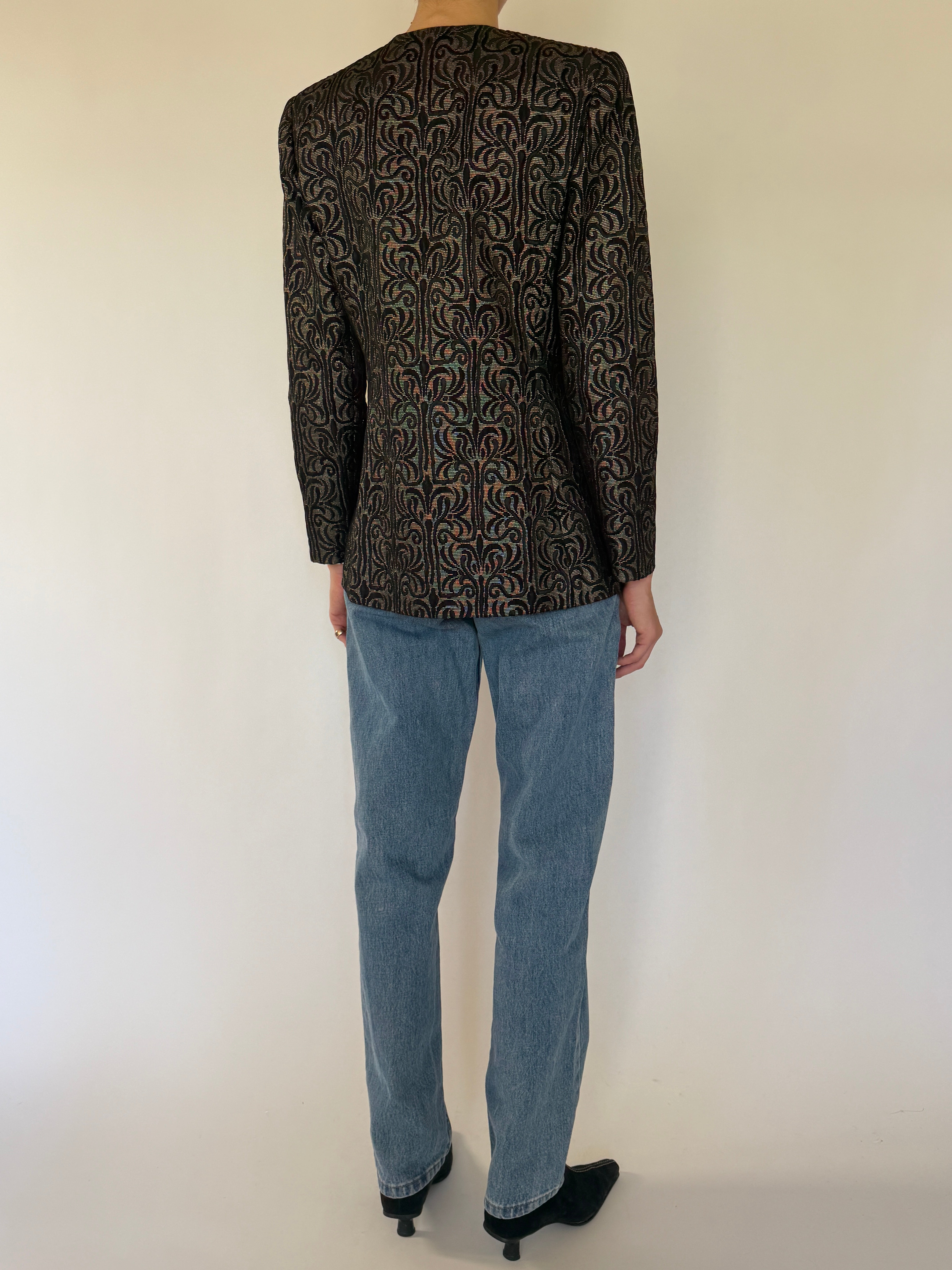Vintage black and gold V-neck blazer close-up front view