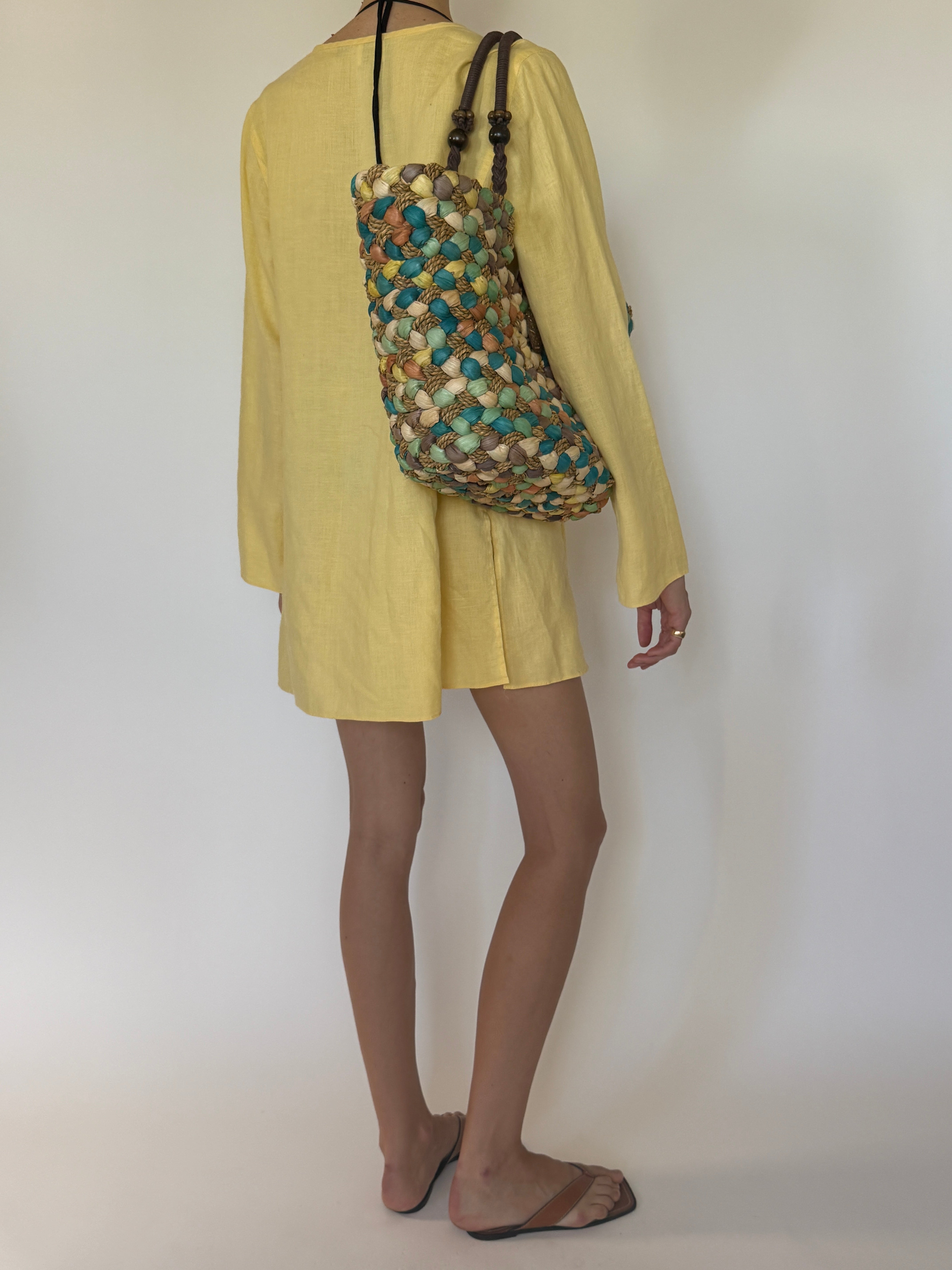 Vintage butter yellow linen swim cover-up back view