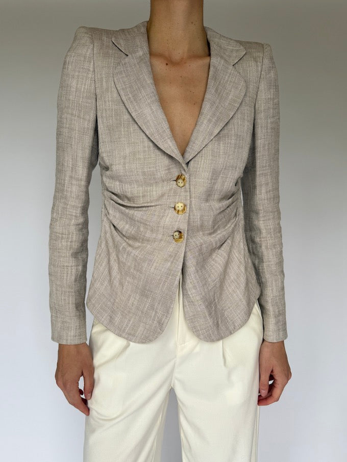 Vintage tailored linen-blend blazer neutral beige tone 6043