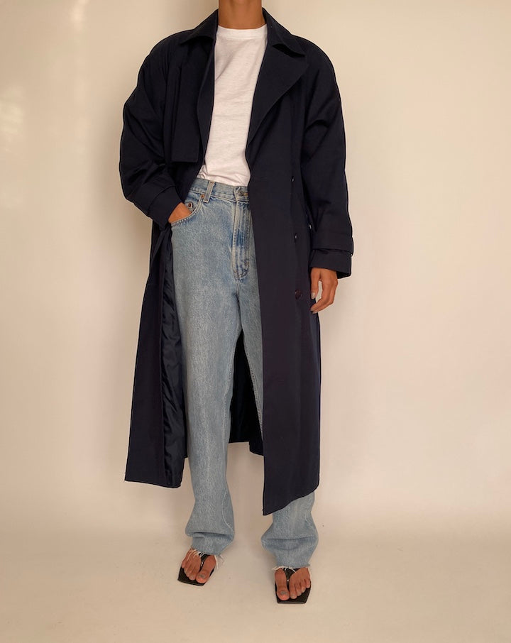 VINTAGE LONG NAVY TRENCH COAT 2366