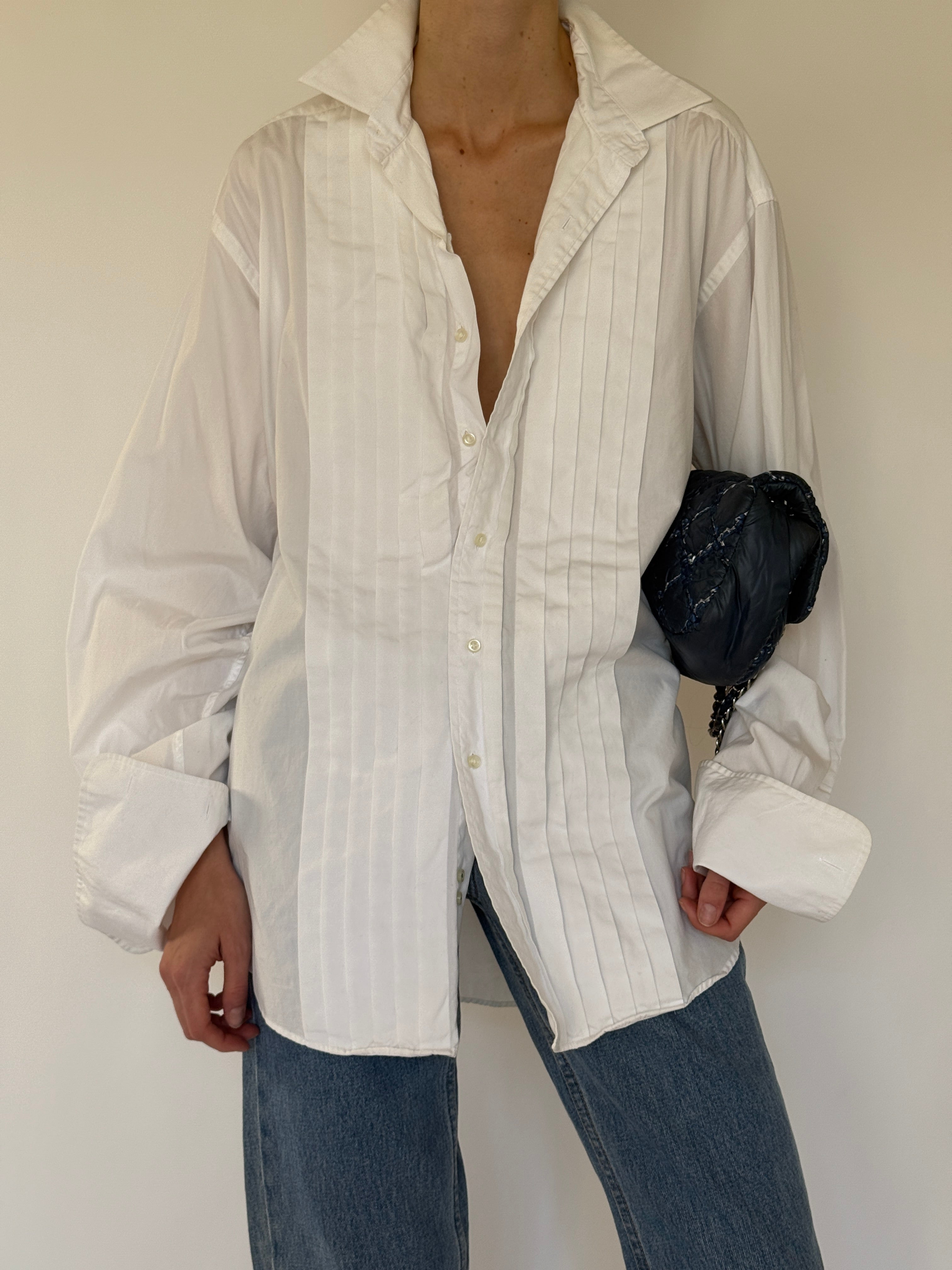 Vintage white cotton pleated front shirt front view