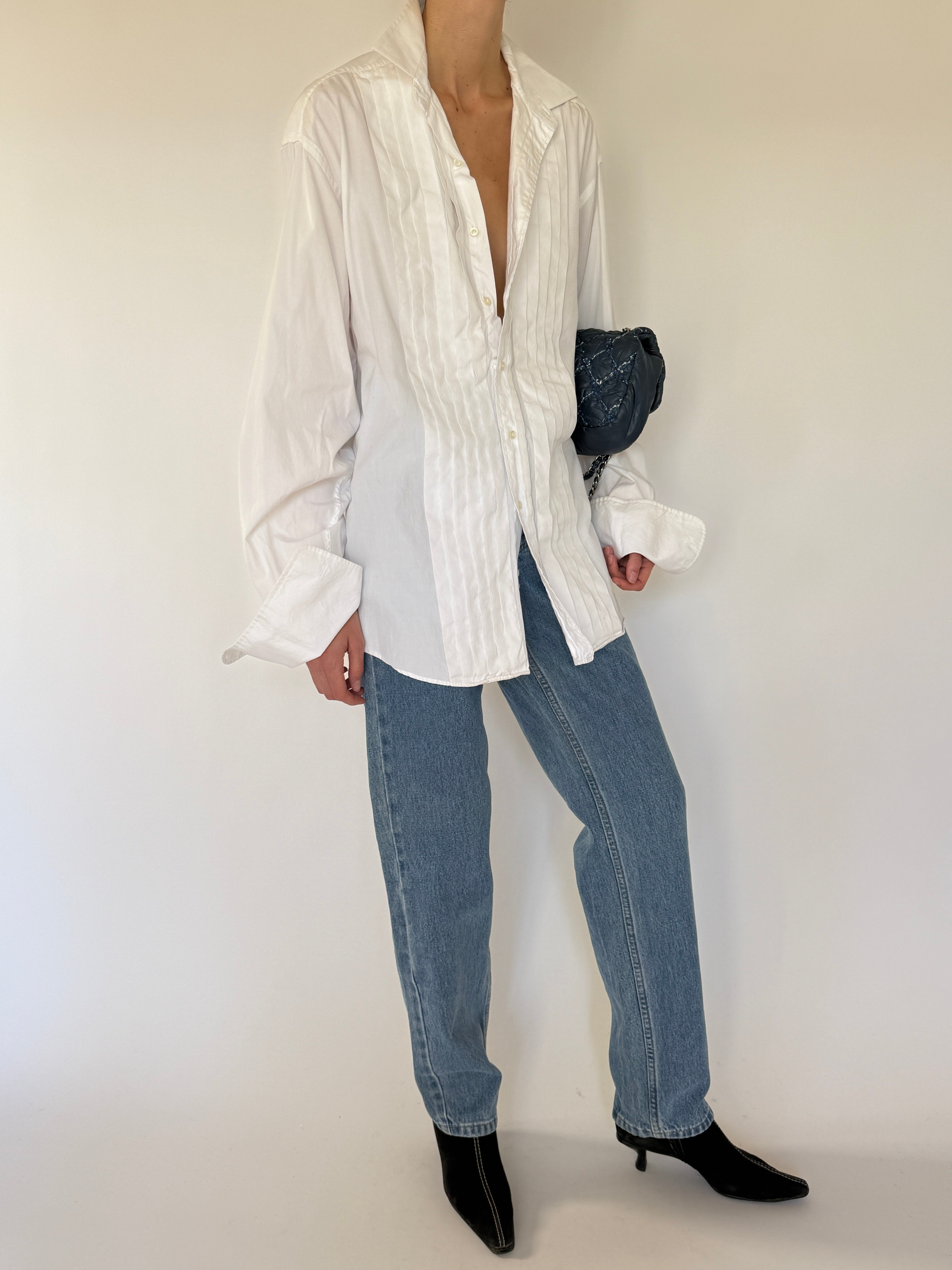 Vintage white cotton pleated front shirt side view