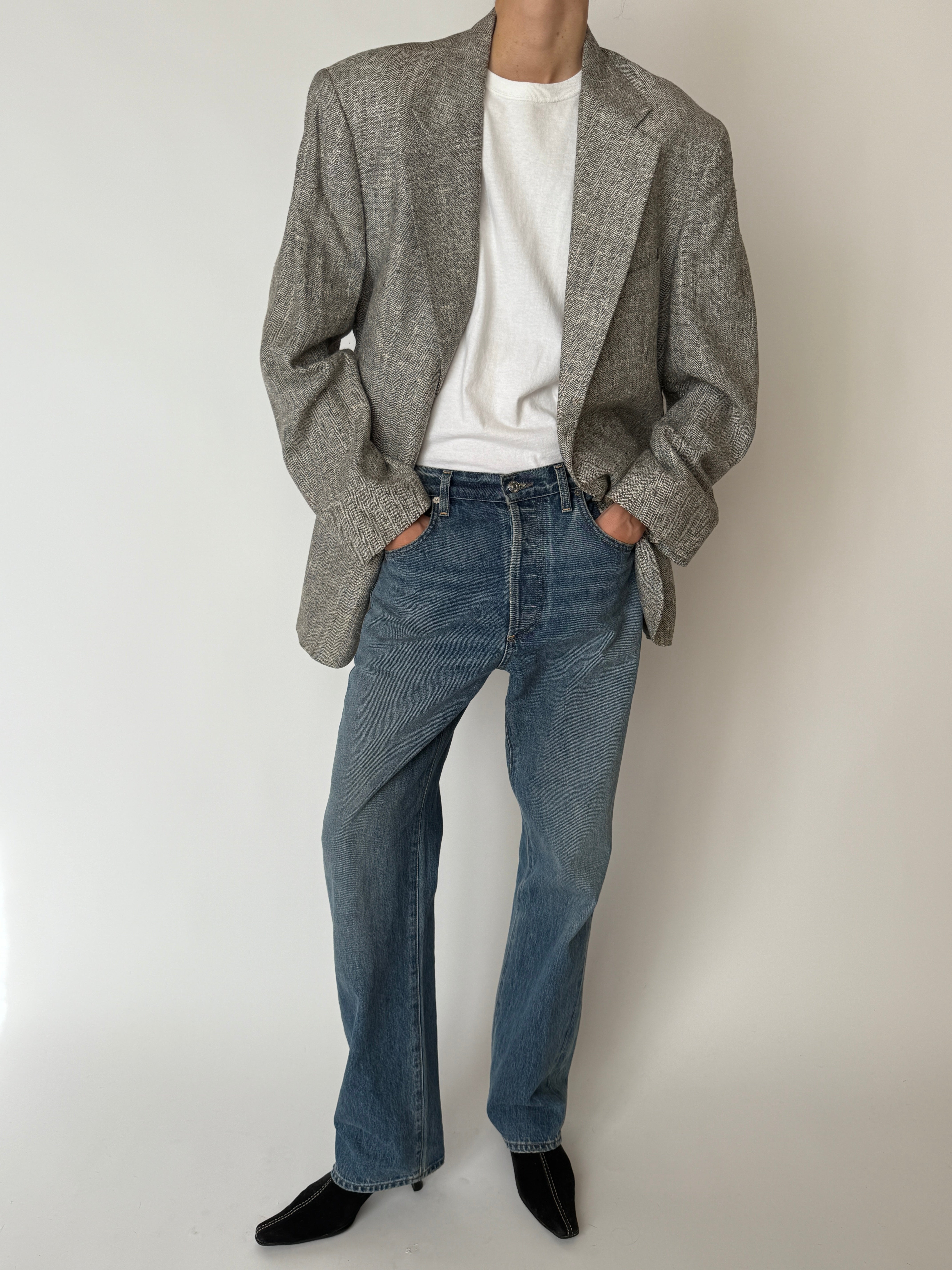 Vintage grey herringbone oversized blazer front view
