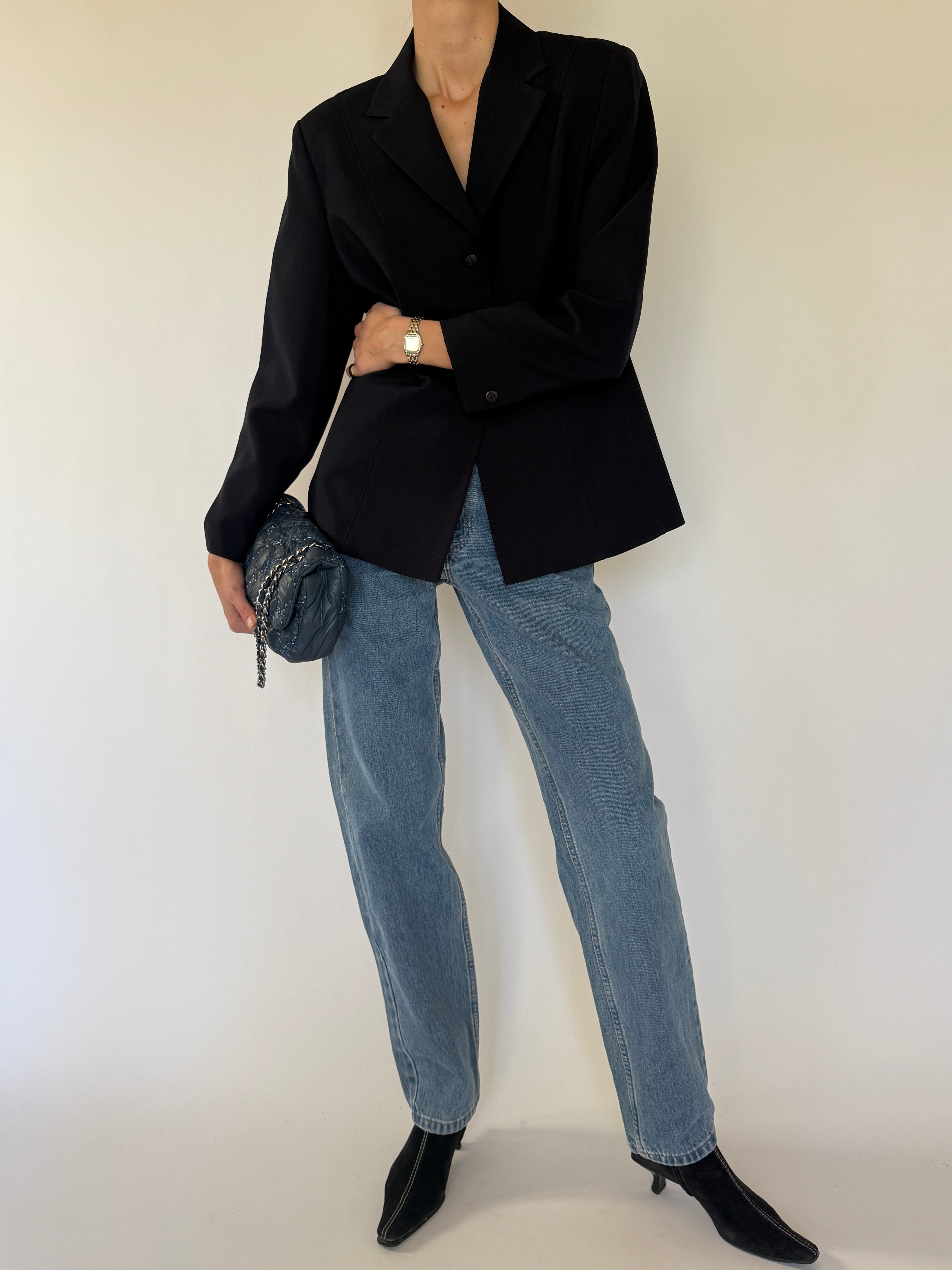 Vintage navy single-button blazer front view