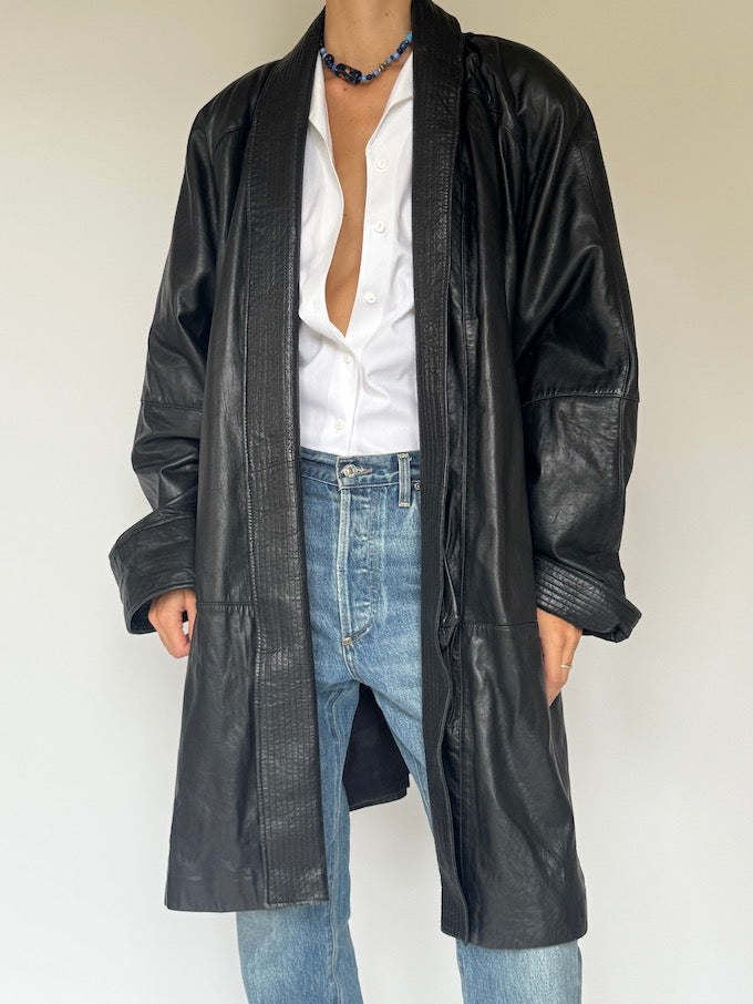 Vintage long leather coat black 6094
