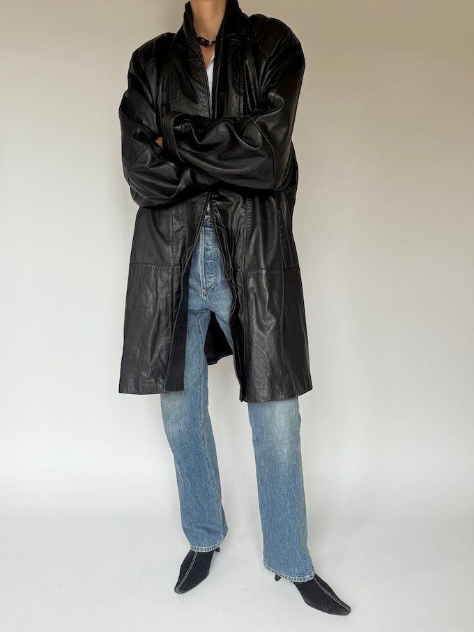 Vintage long leather coat black 6094