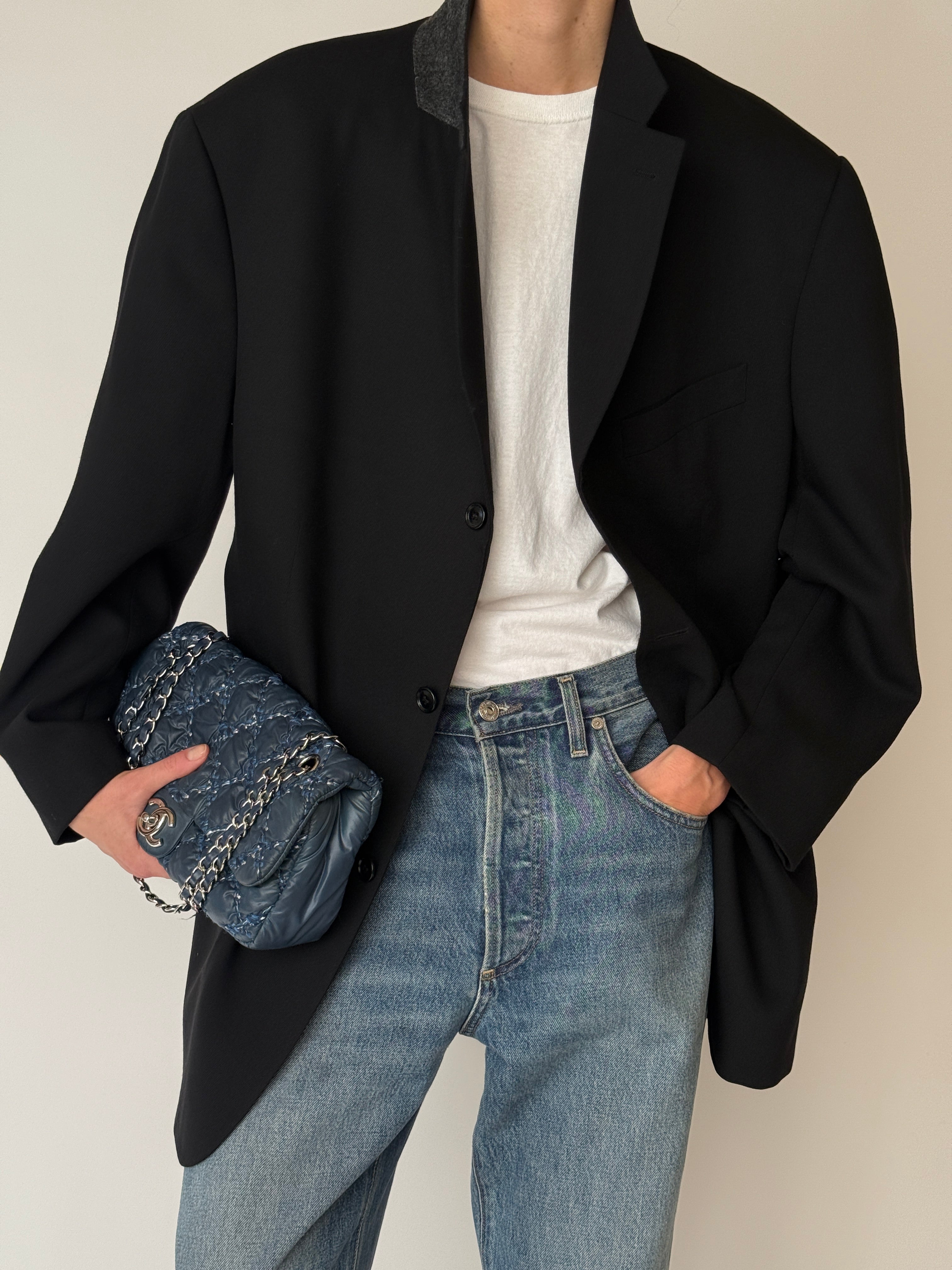 Vintage black wool blazer 100% wool front view