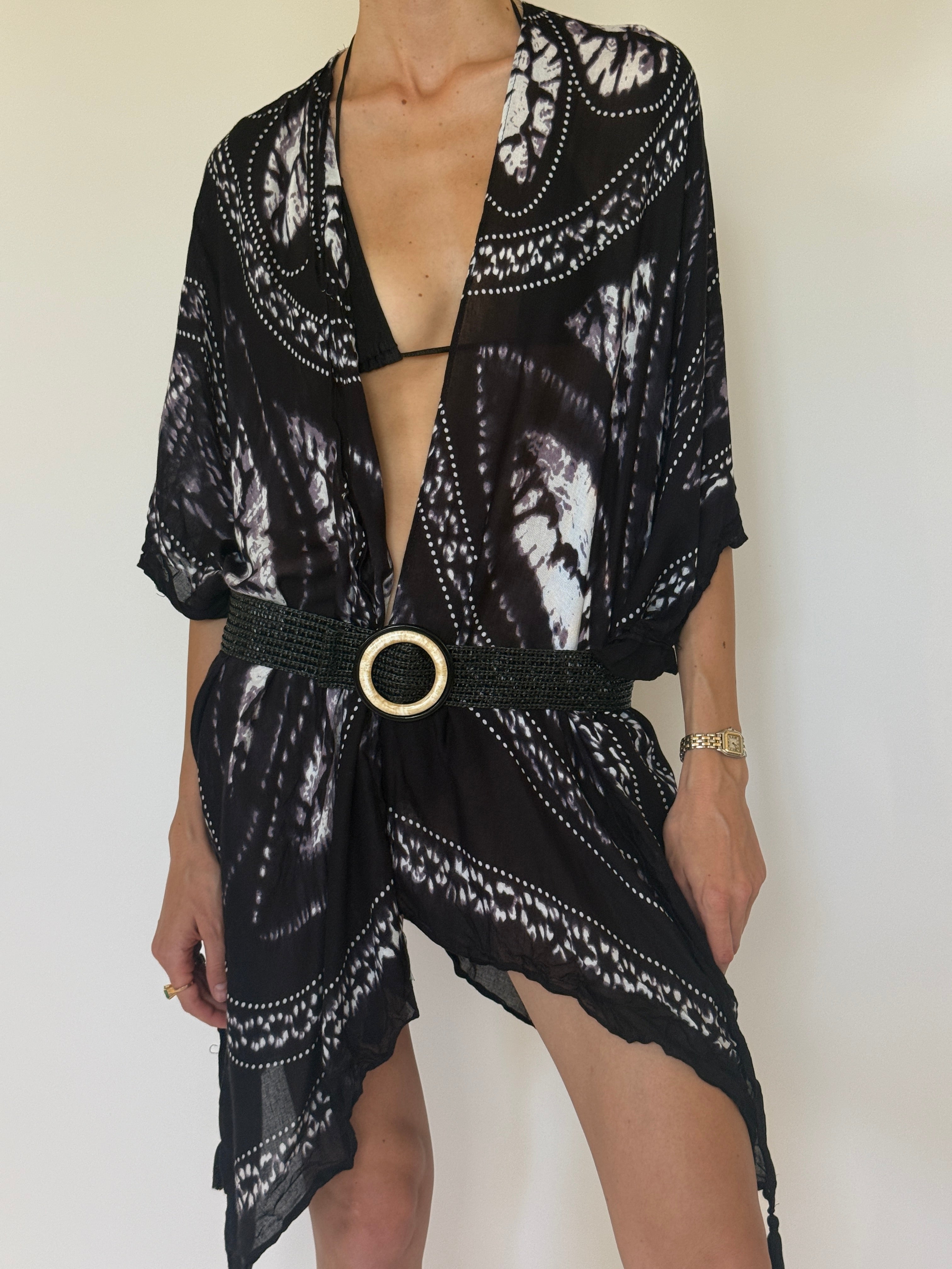 Vintage black kimono swim cover-up front view