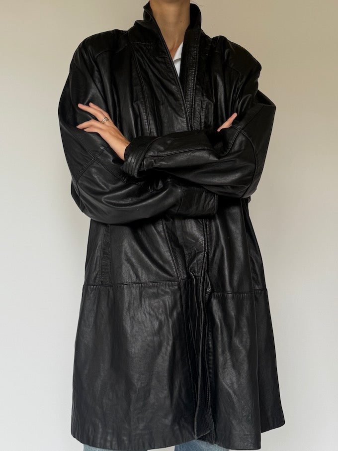 Vintage long leather coat black 6094