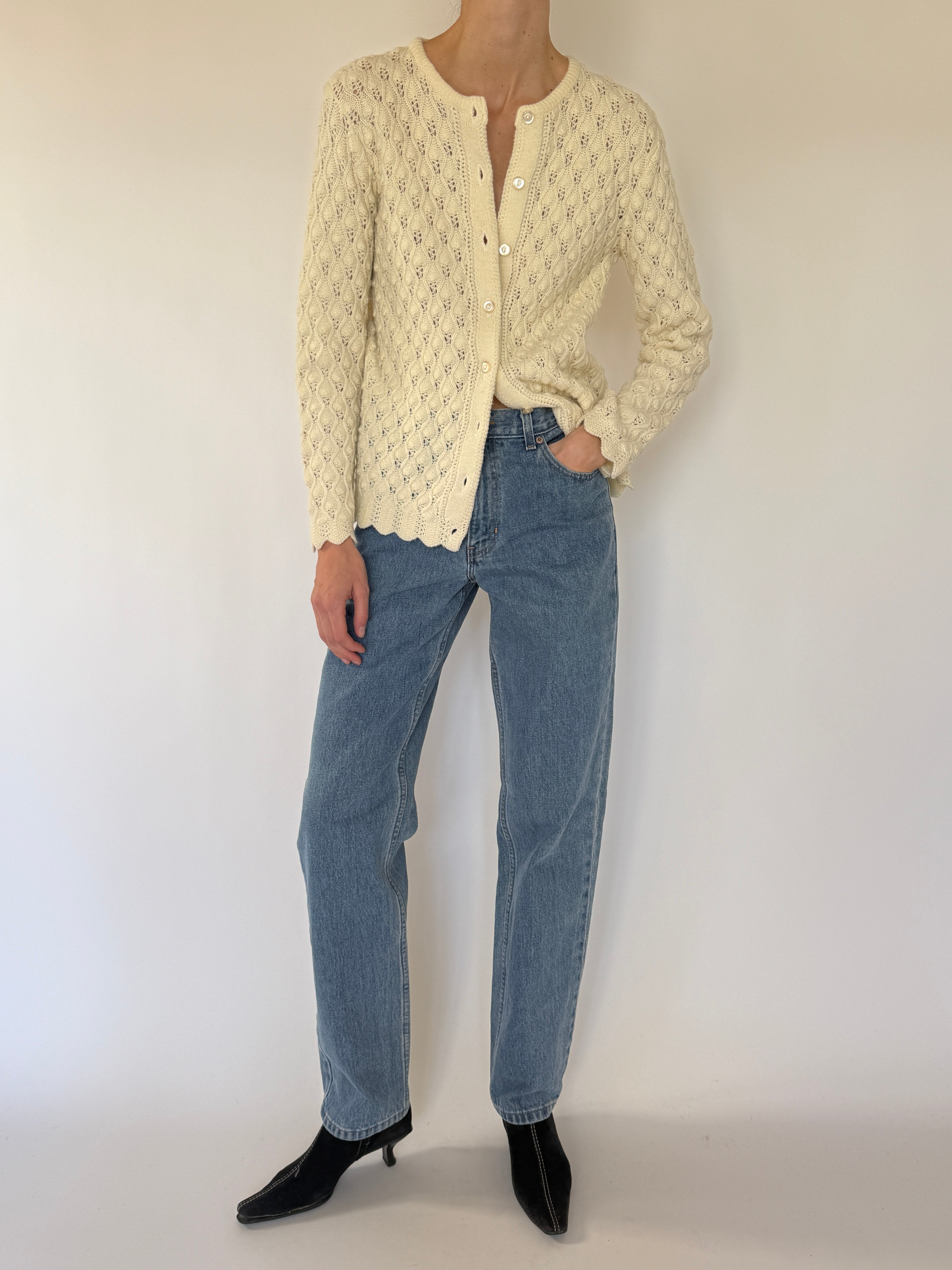 Vintage cream pointelle knit cardigan front view