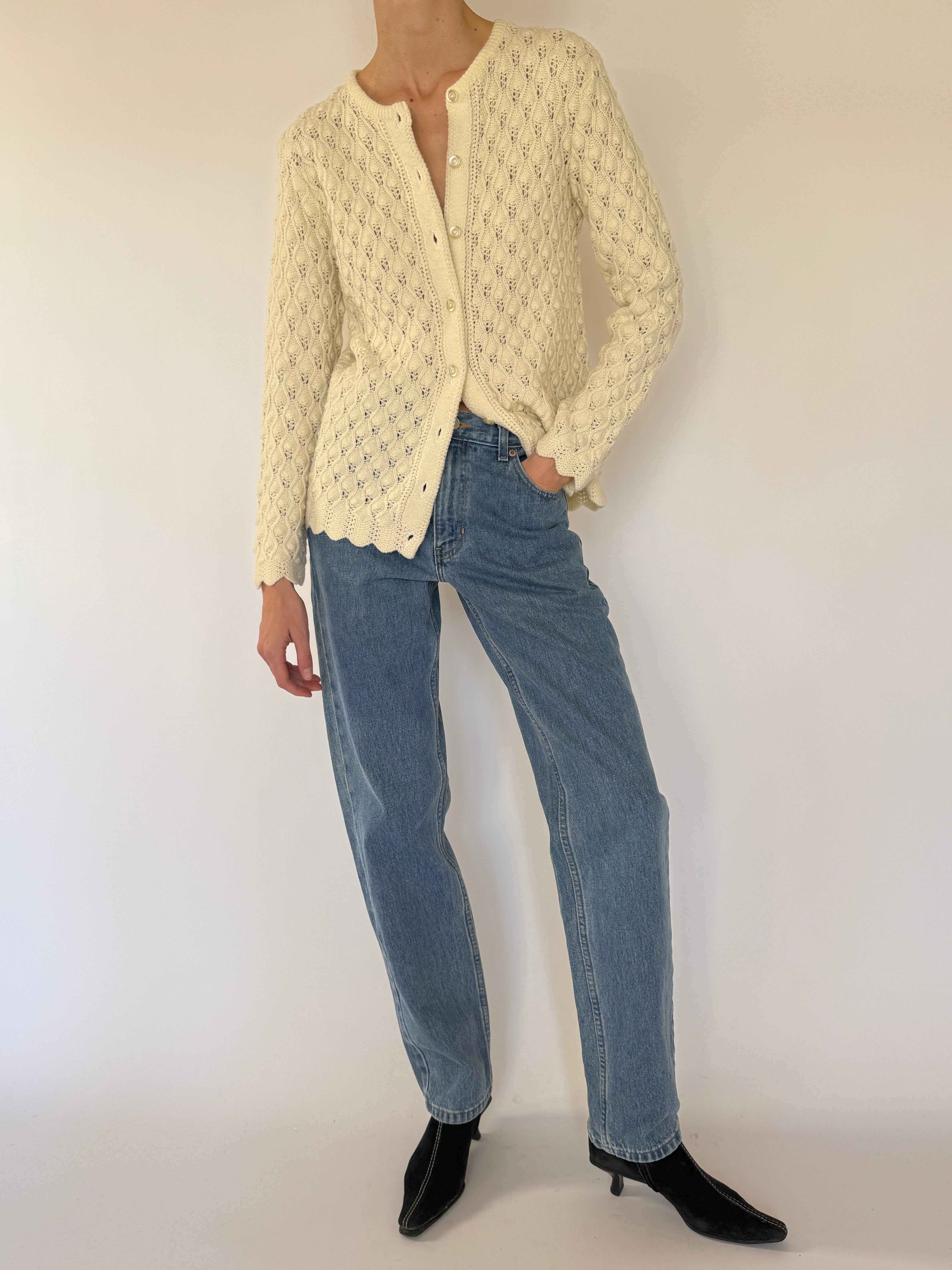 Vintage cream pointelle knit cardigan front view