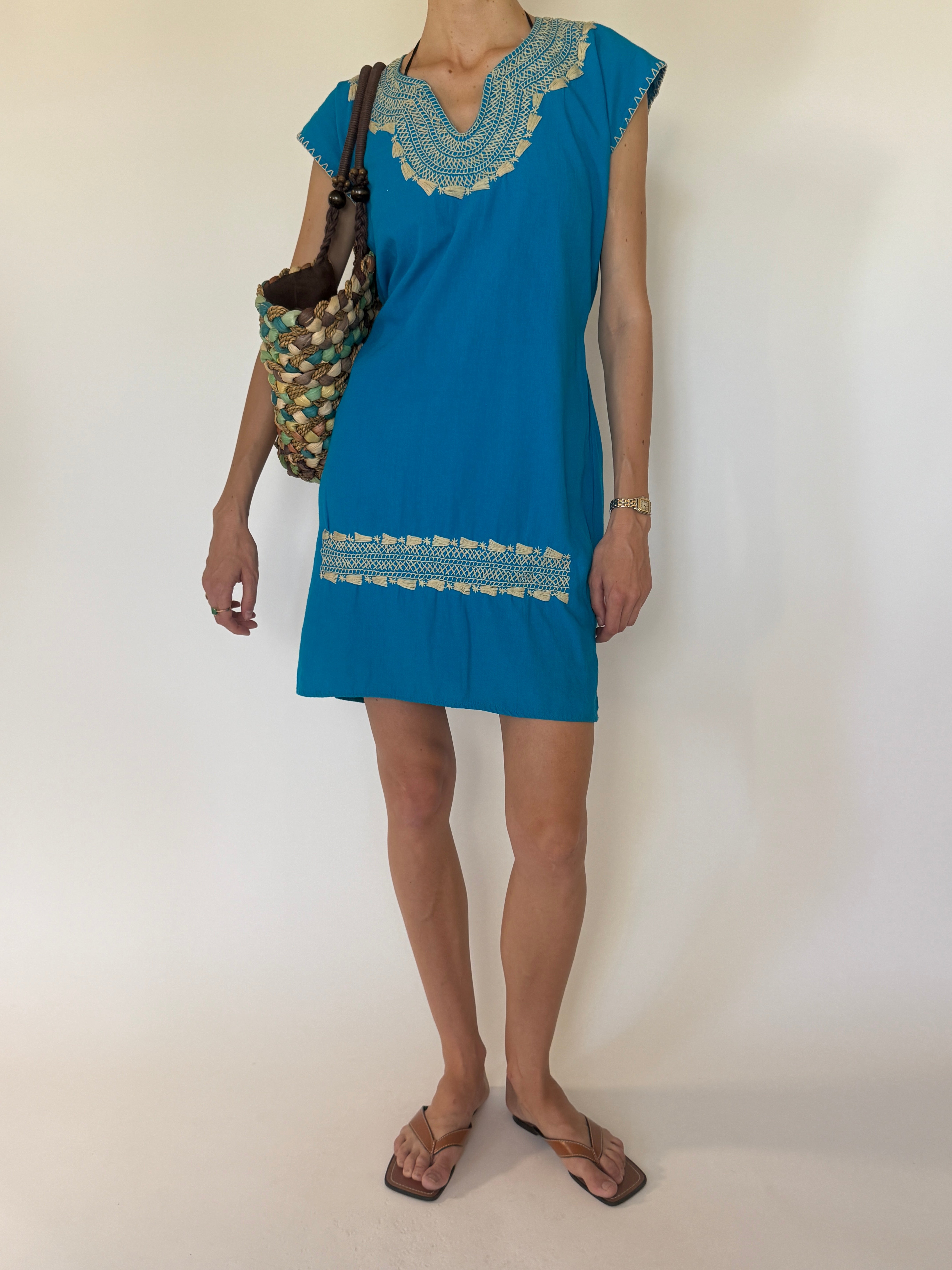 Vintage turquoise embroidered tunic dress front view