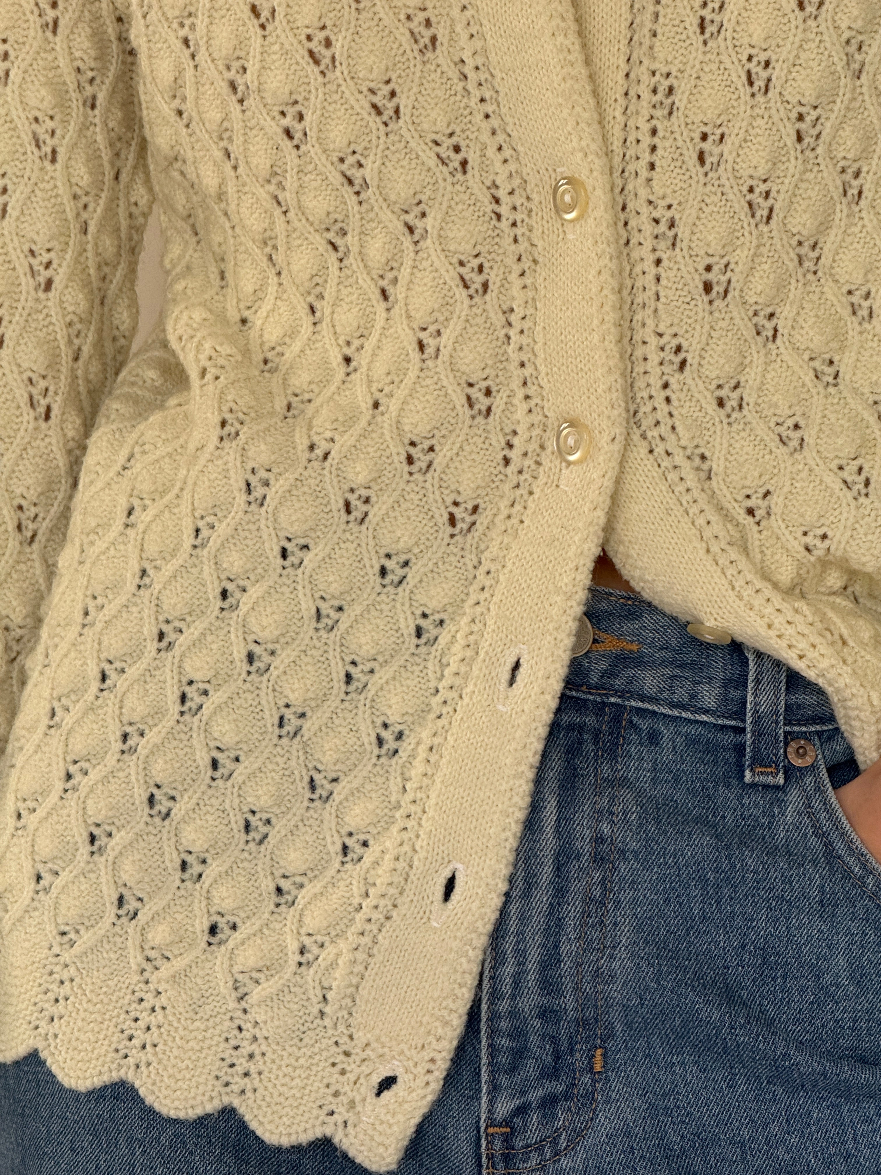 Vintage cream pointelle knit cardigan knit texture close-up