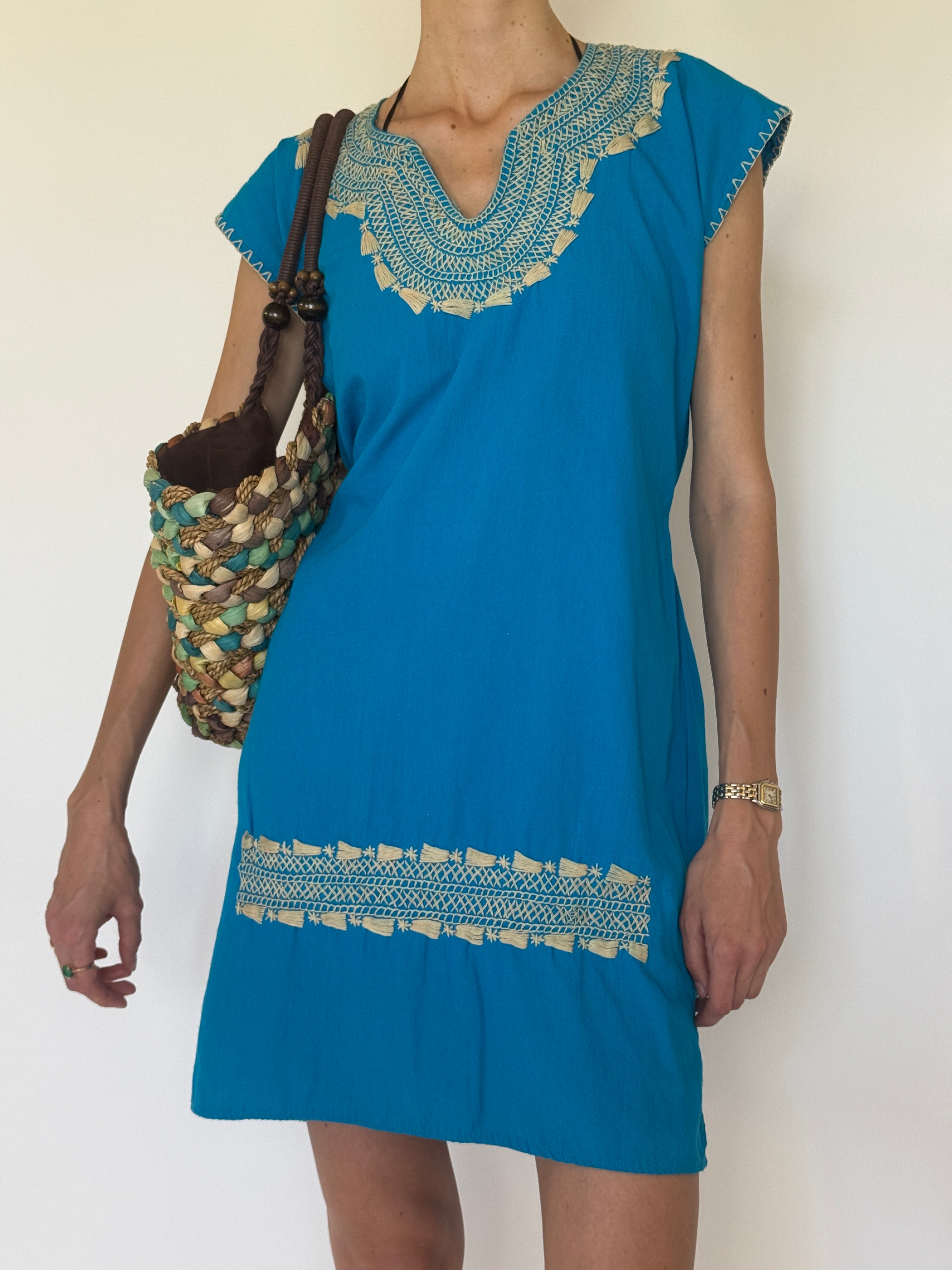Vintage turquoise embroidered tunic dress front view