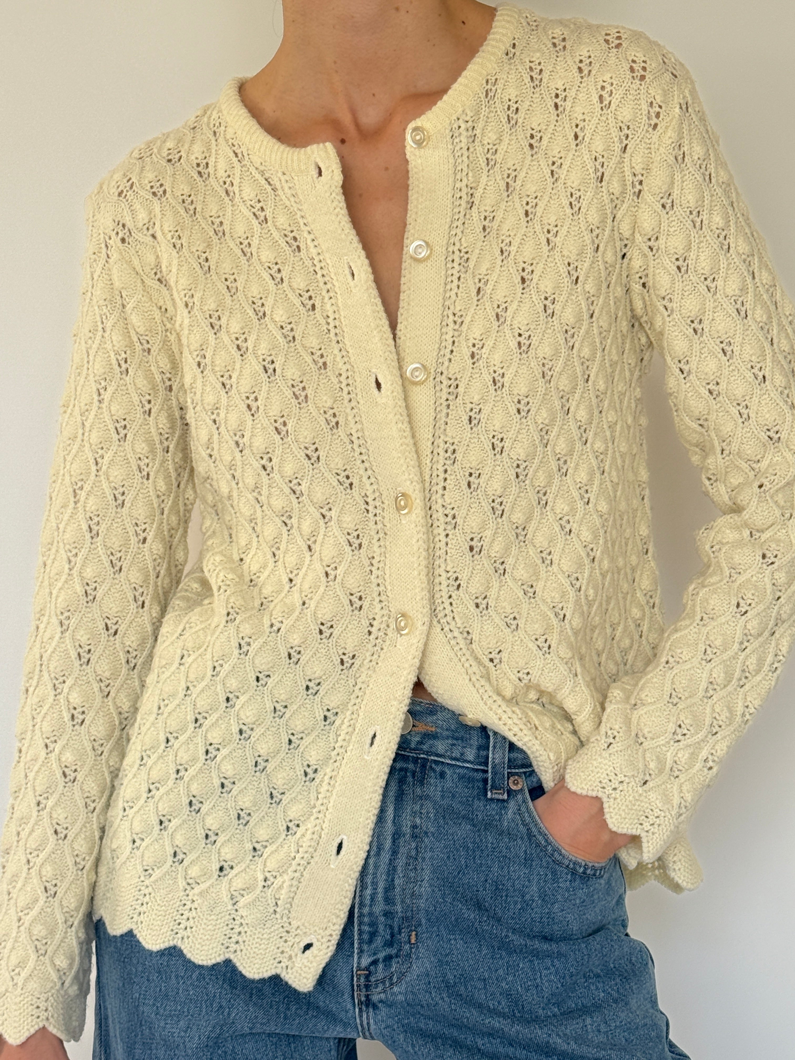 Vintage cream pointelle knit cardigan scalloped hem detail
