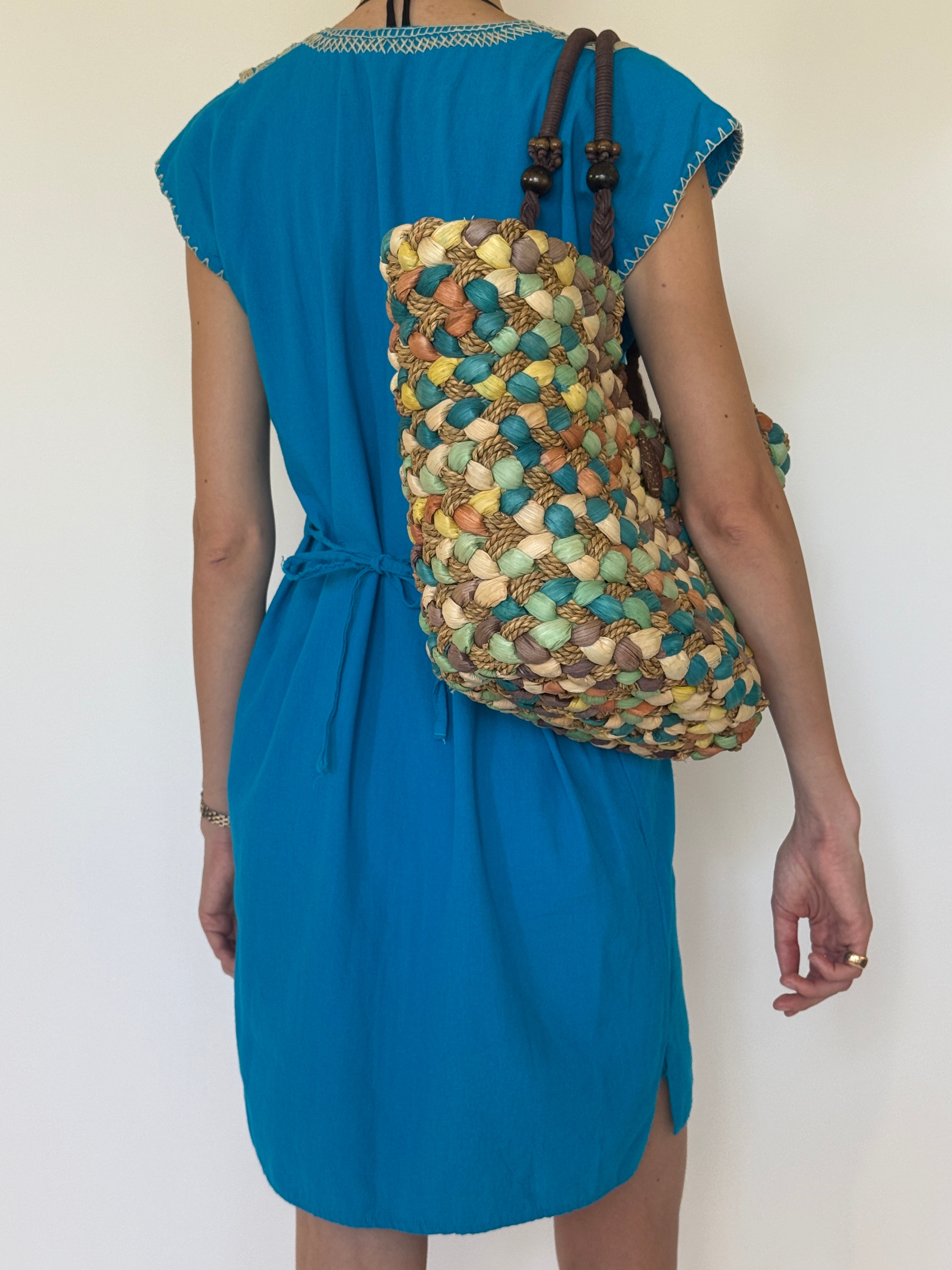 Vintage turquoise embroidered tunic dress back view