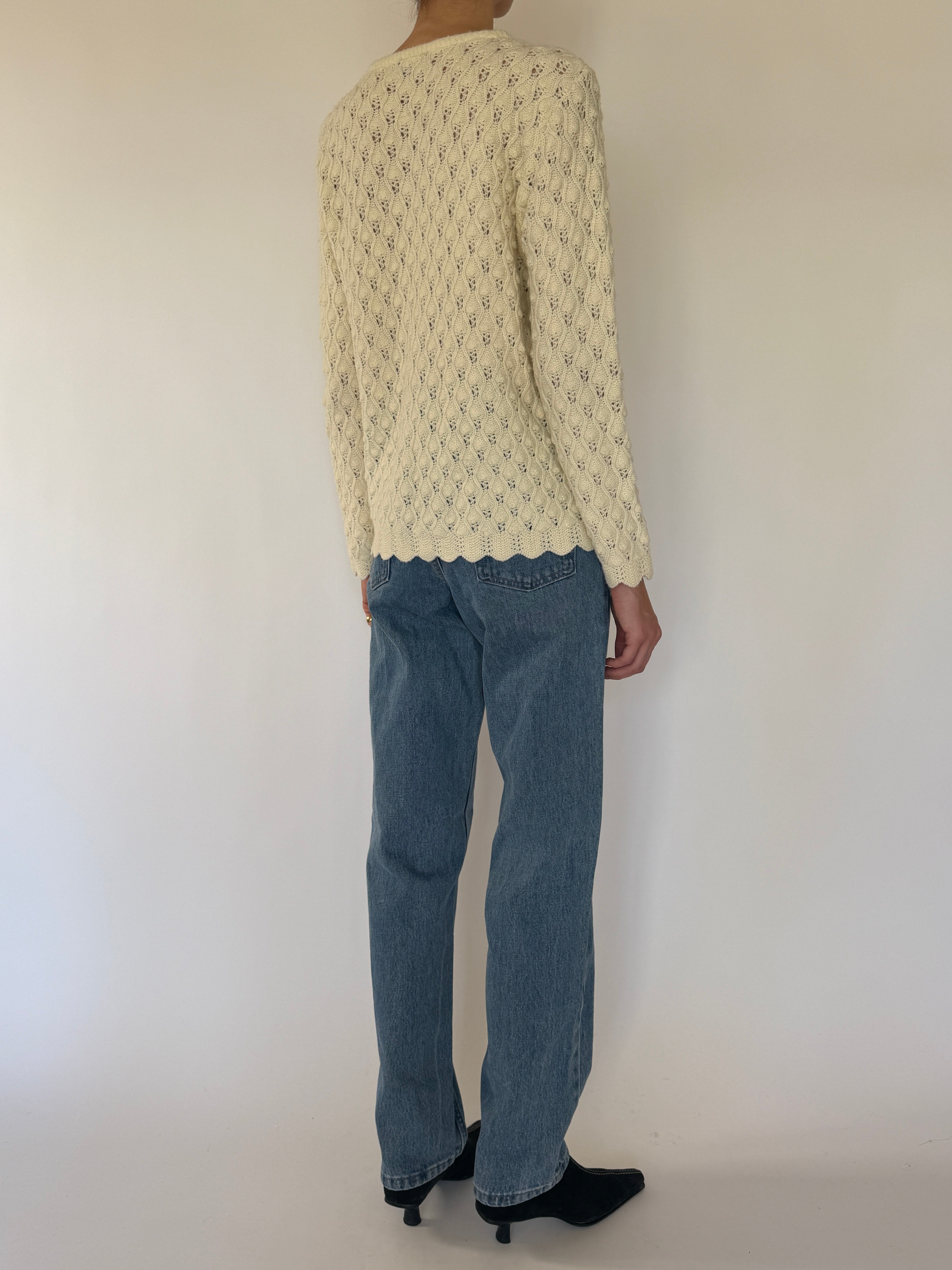 Vintage cream pointelle knit cardigan back view