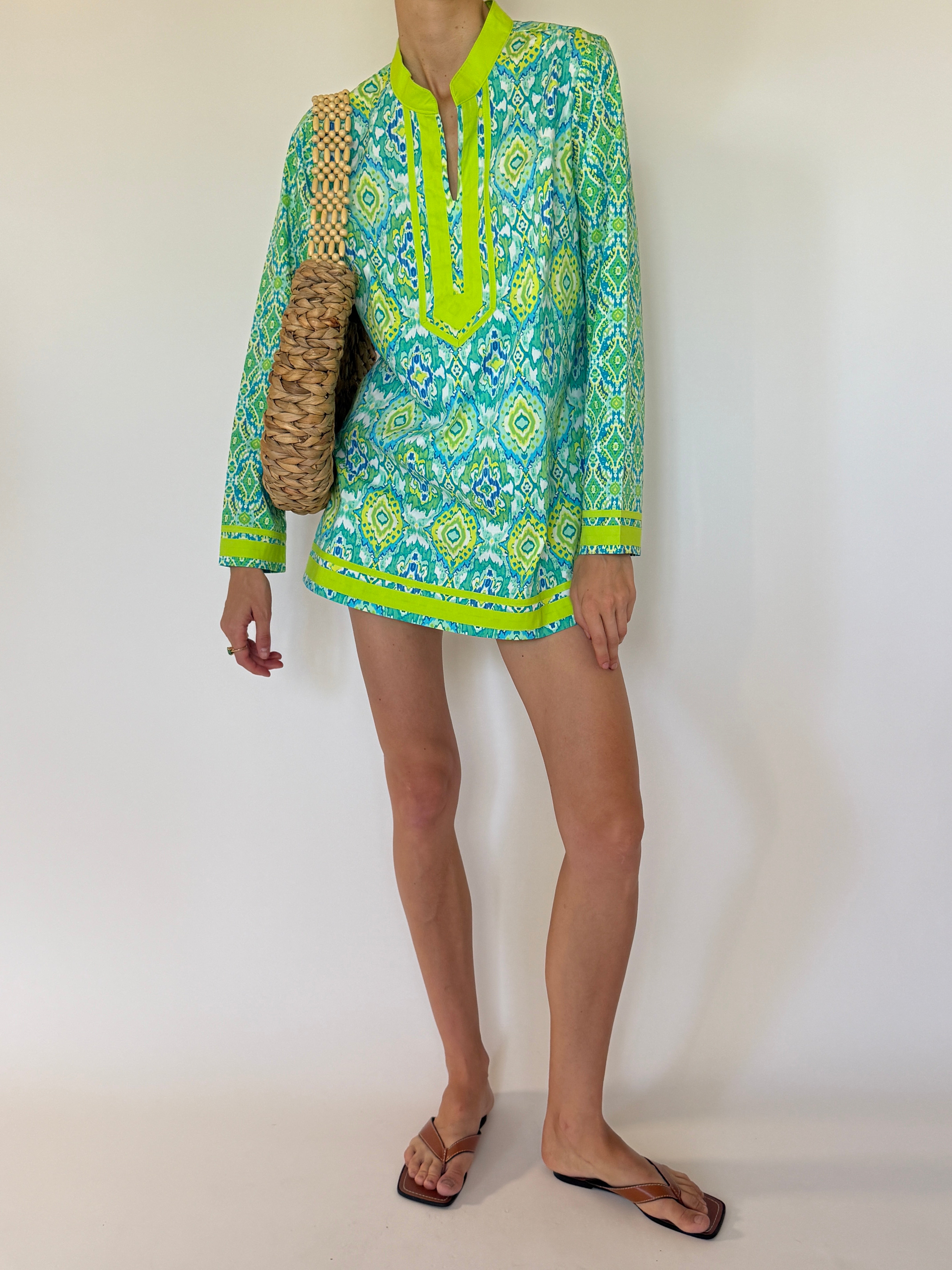 Vintage green printed tunic swim cover-up front view