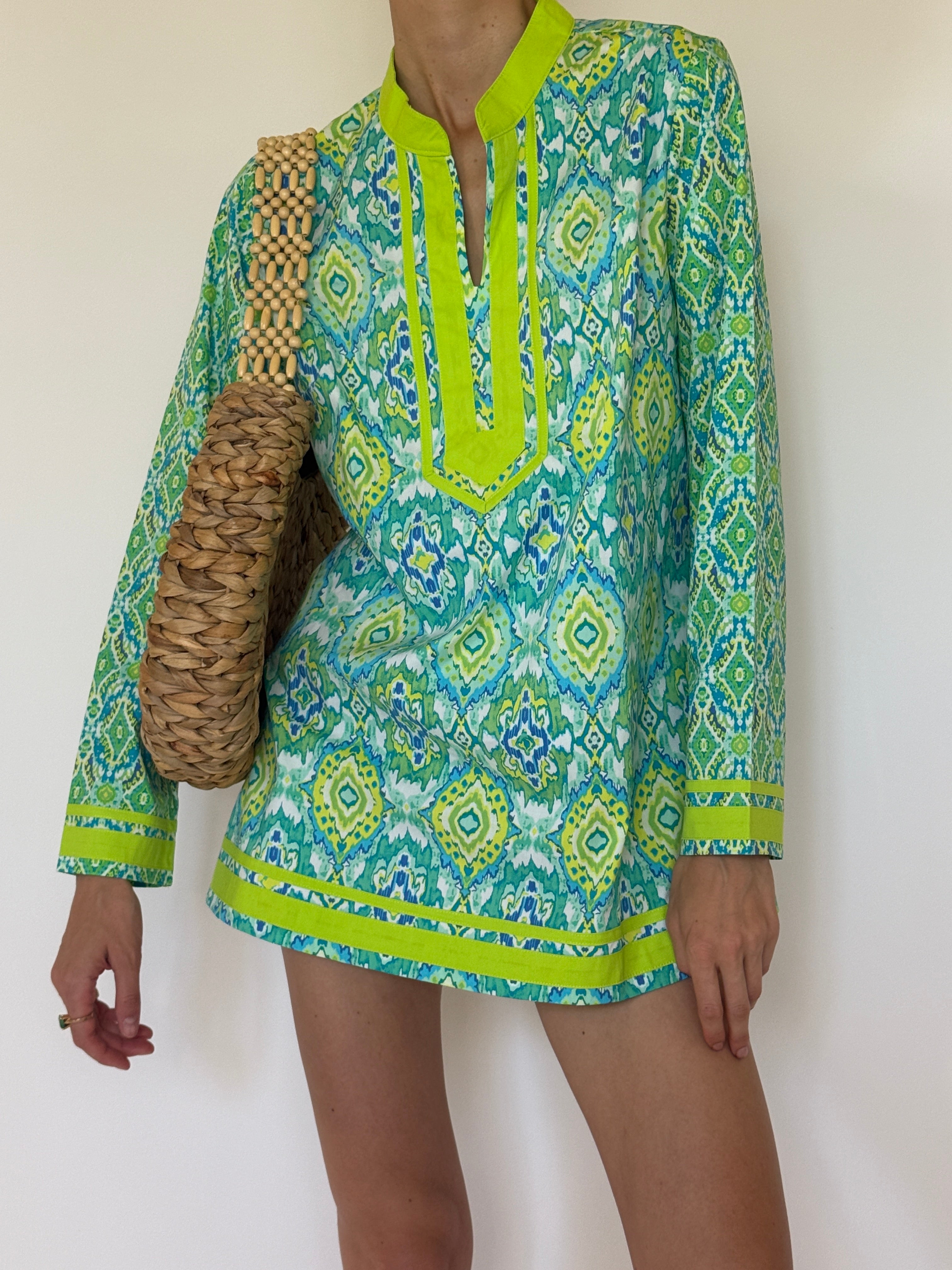 Vintage green printed tunic swim cover-up front view
