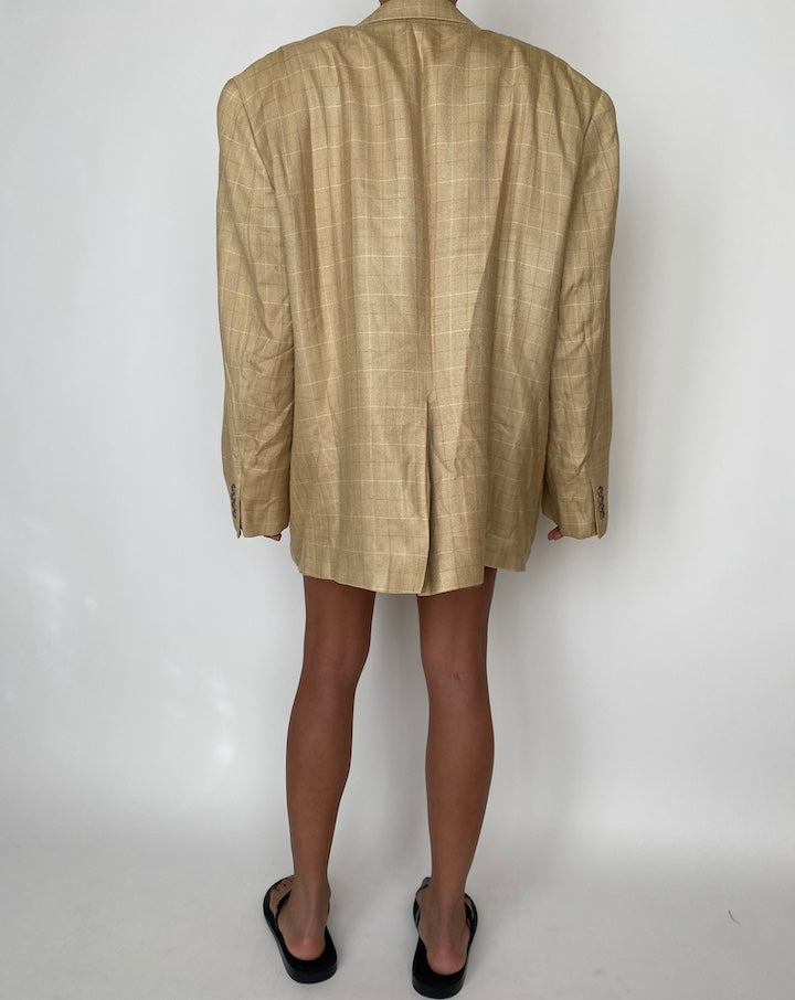 VINTAGE OVERSIZED CHECKED BEIGE SILK BLAZER 2124