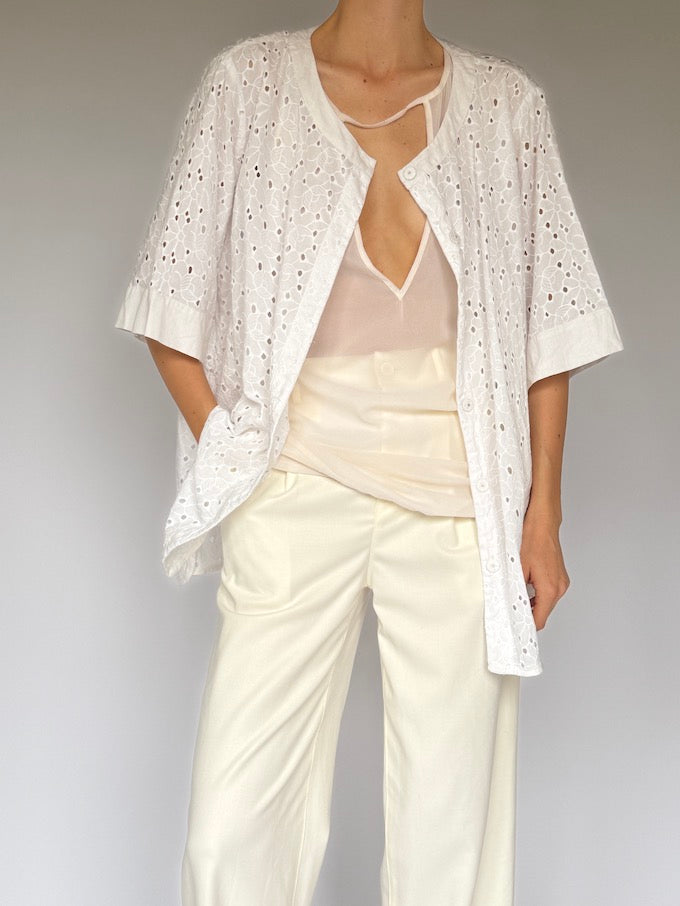 Vintage Short-Sleeve Embroidered Top White