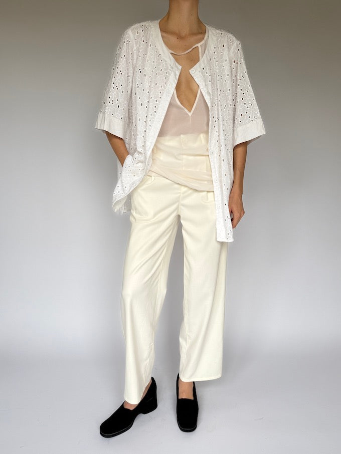 Vintage Short-Sleeve Embroidered Top White