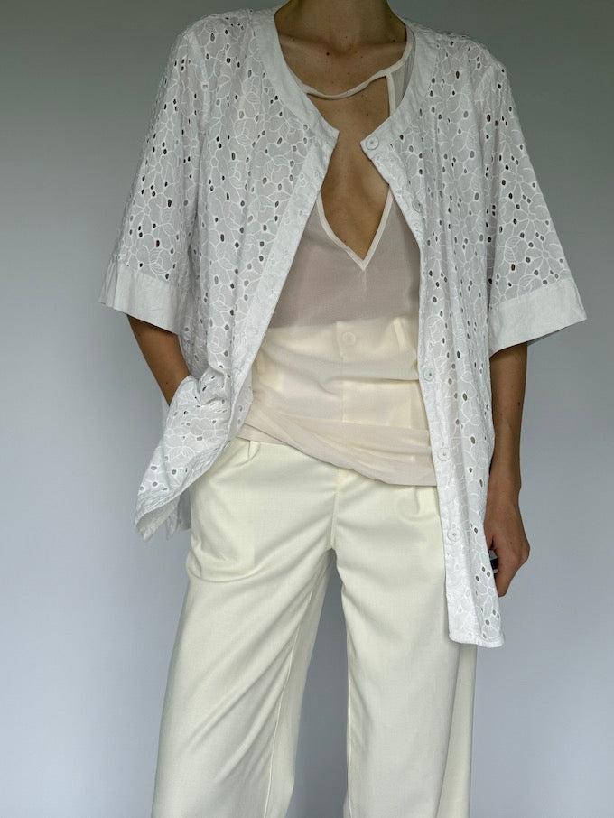 Vintage Short-Sleeve Embroidered Top White