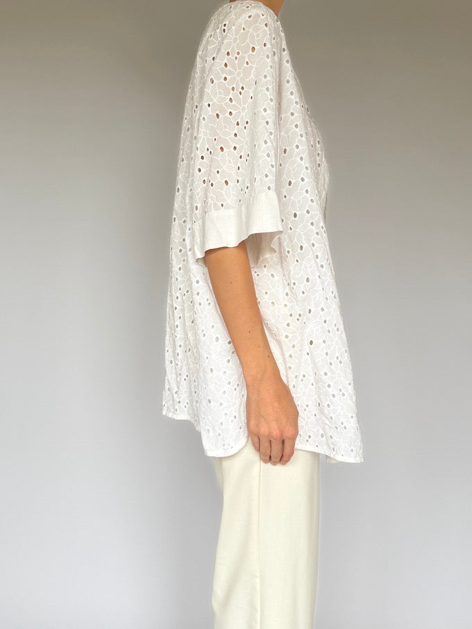 Vintage Short-Sleeve Embroidered Top White