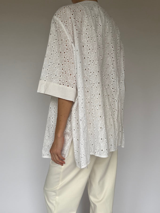 Vintage Short-Sleeve Embroidered Top White
