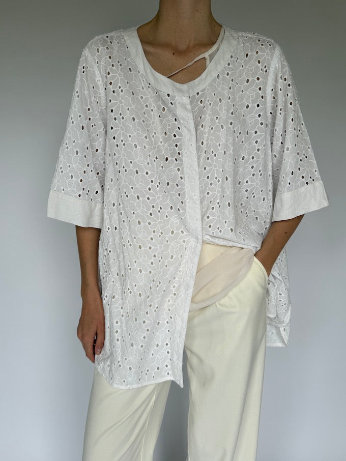 Vintage Short-Sleeve Embroidered Top White