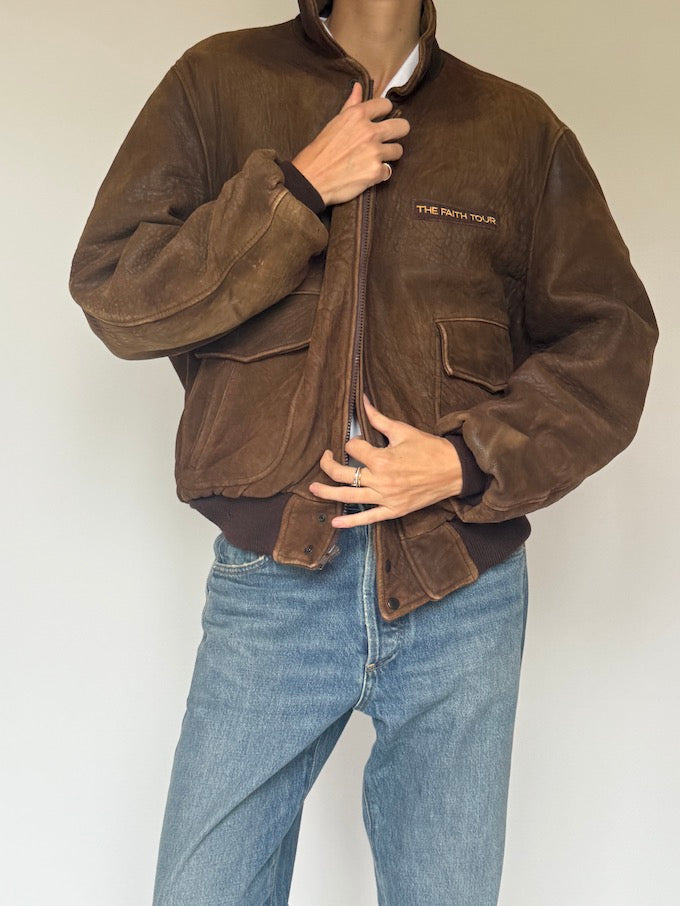 Vintage Bomber-Like Leather Jacket In Brown 5707