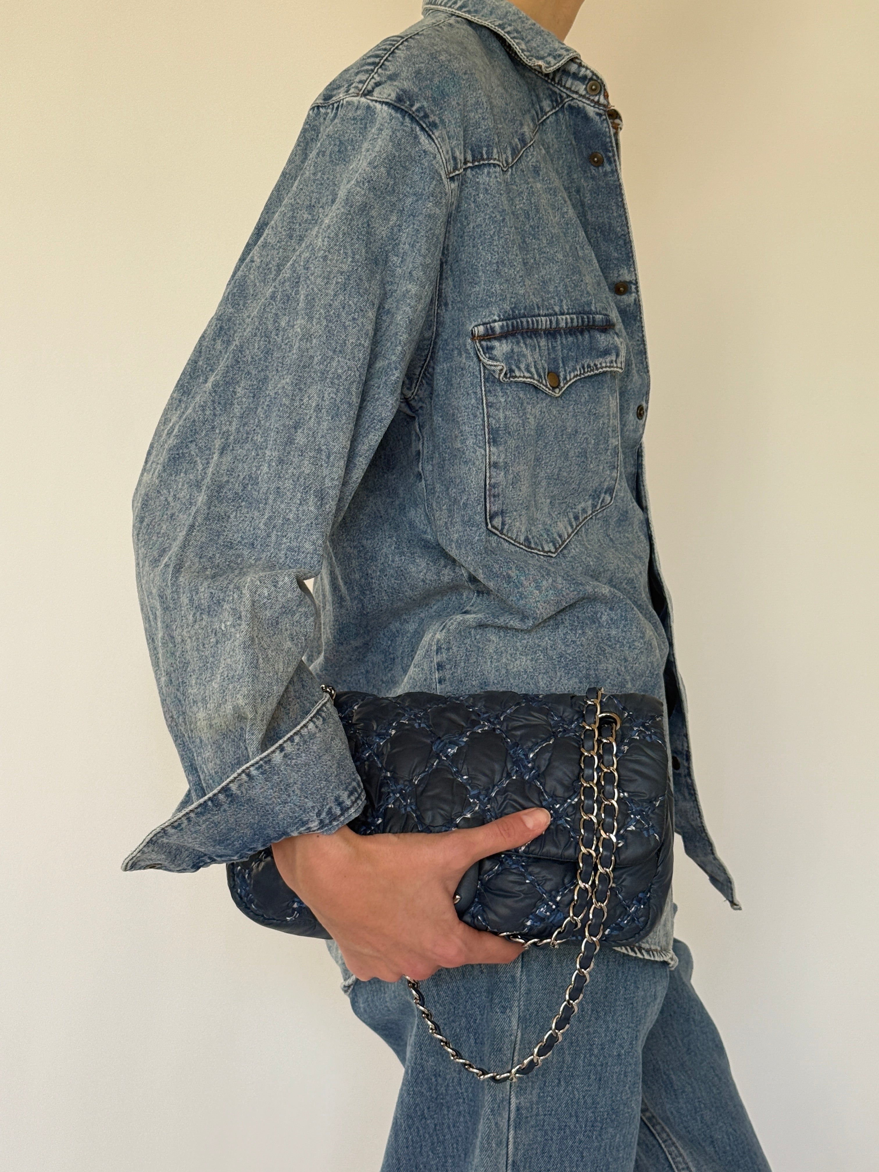 Vintage blue denim shirt side view