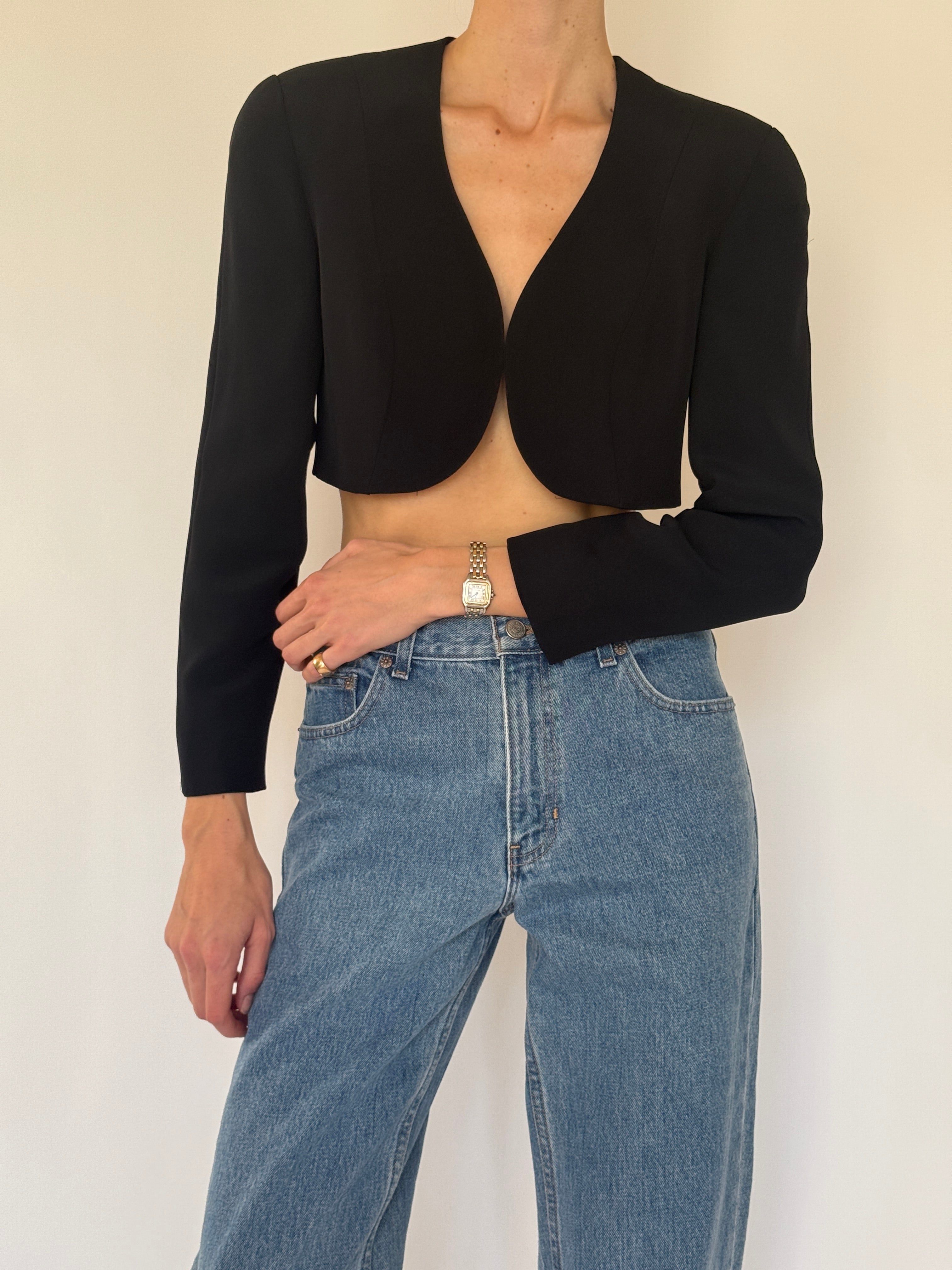 Vintage black cropped blazer neckline detail