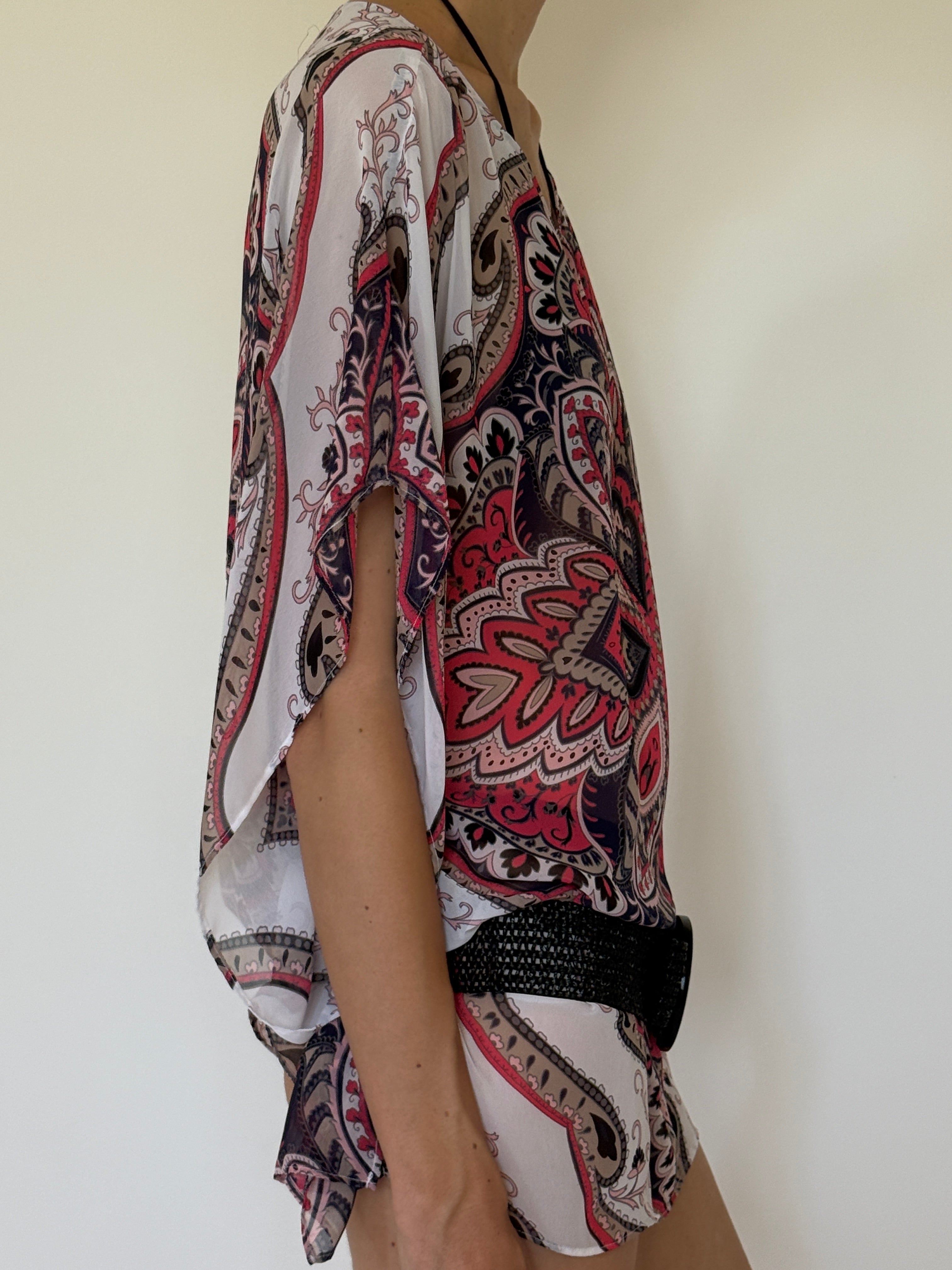 Vintage pink paisley dolman top side view