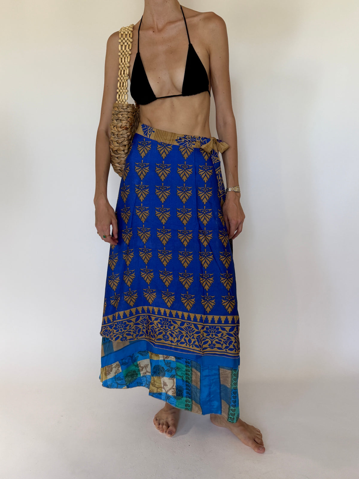 Vintage blue wrap maxi skirt front view