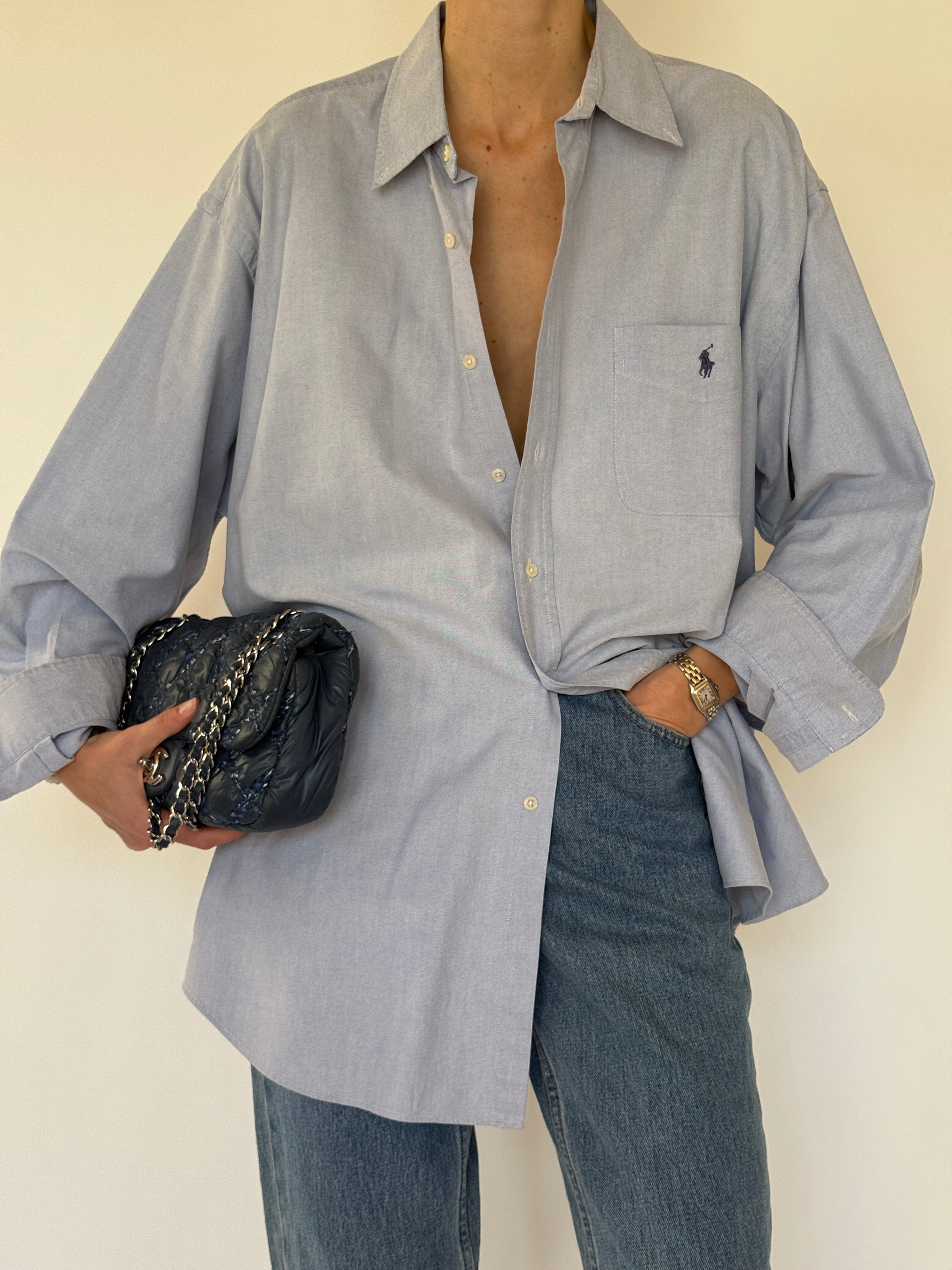 Vintage Ralph Lauren blue oversized button-up shirt front view with chest pocket
