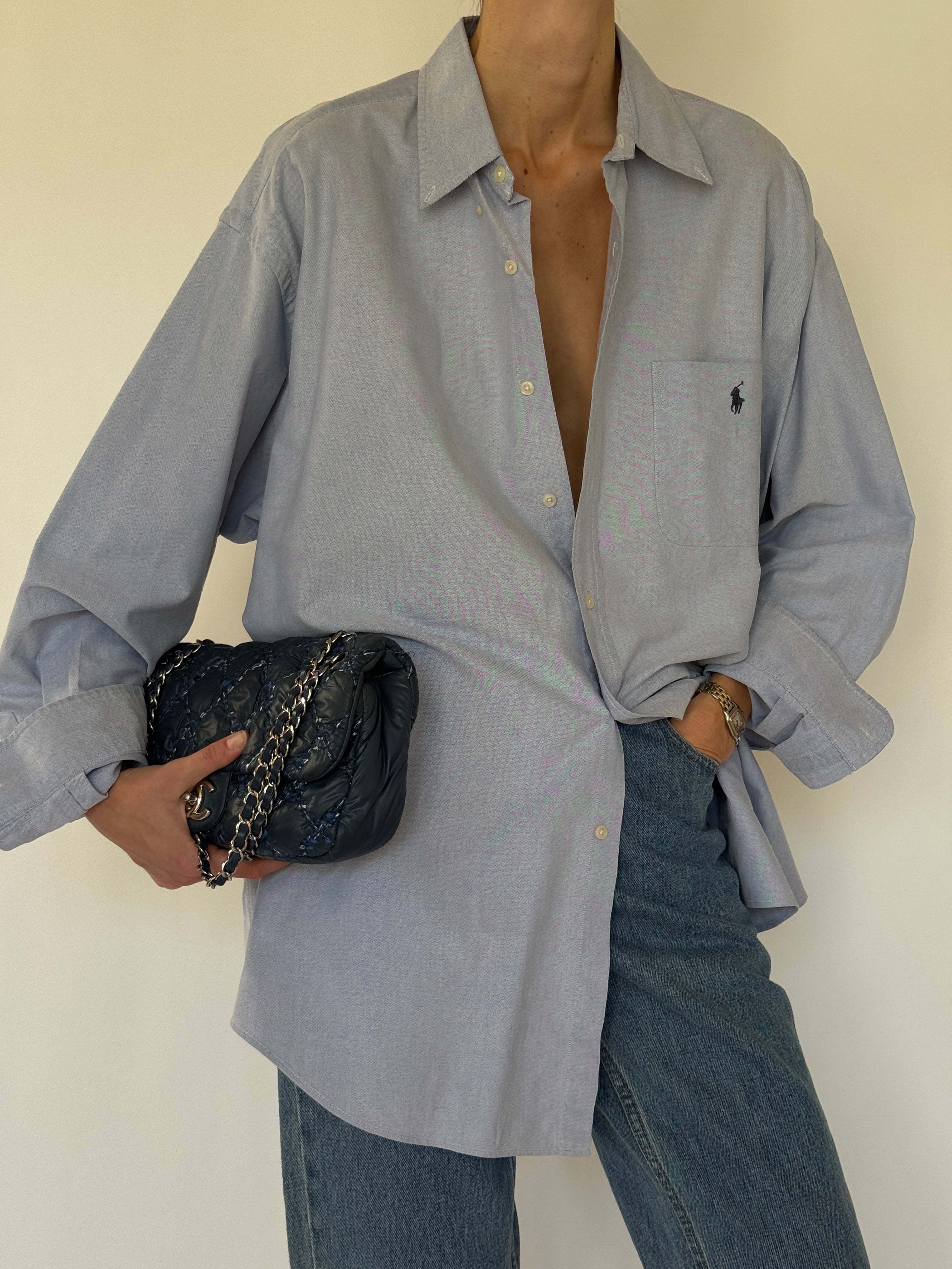 Vintage Ralph Lauren blue oversized button-up shirt front view with chest pocket