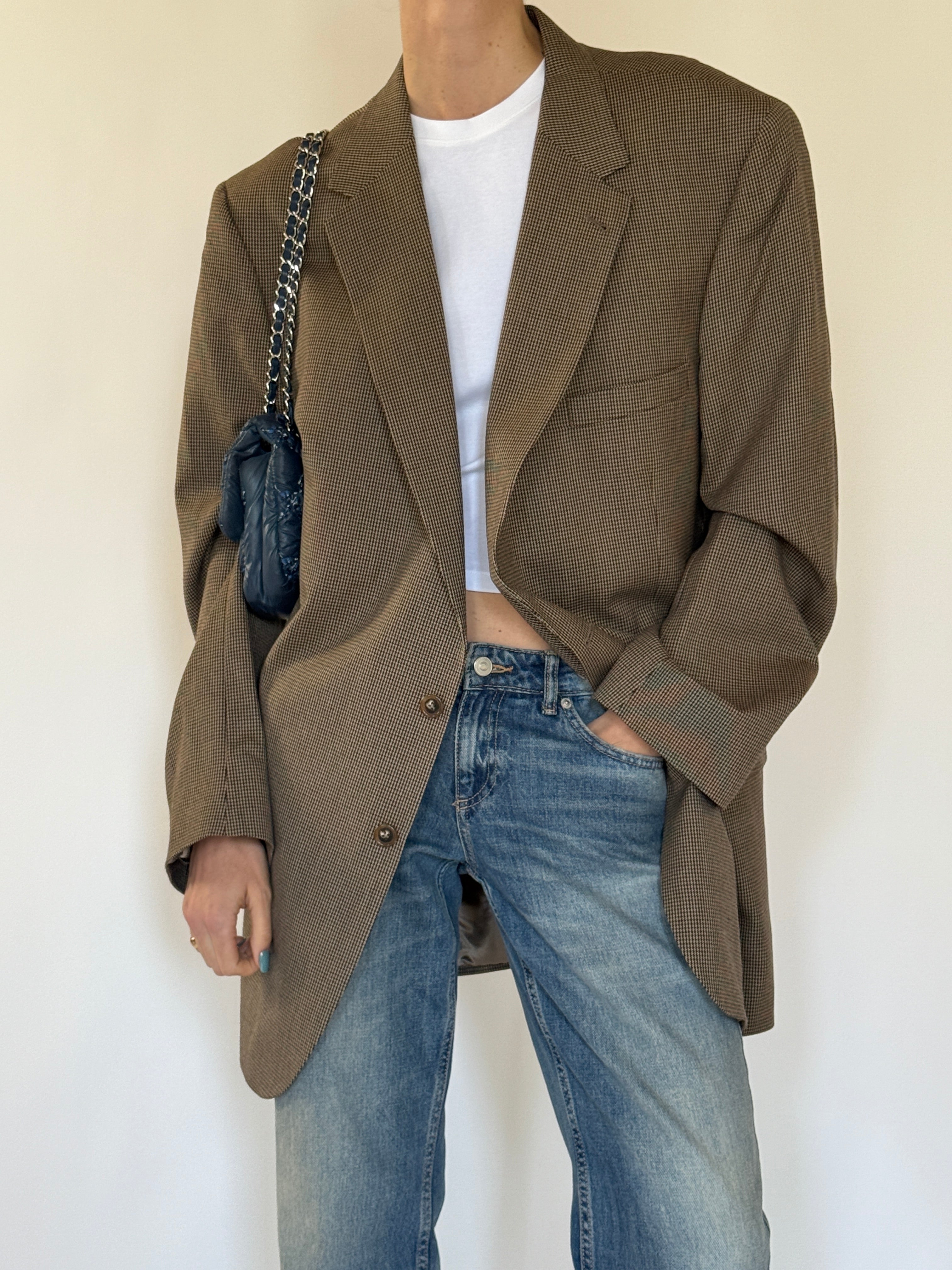 Vintage oversized brown checked blazer front view
