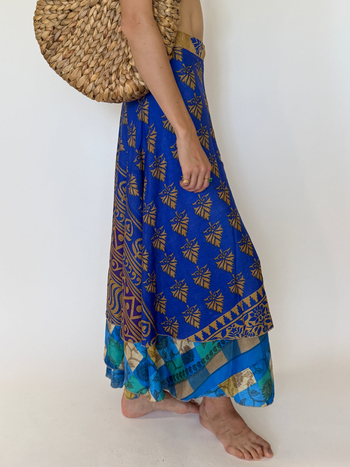 Vintage blue wrap maxi skirt side view